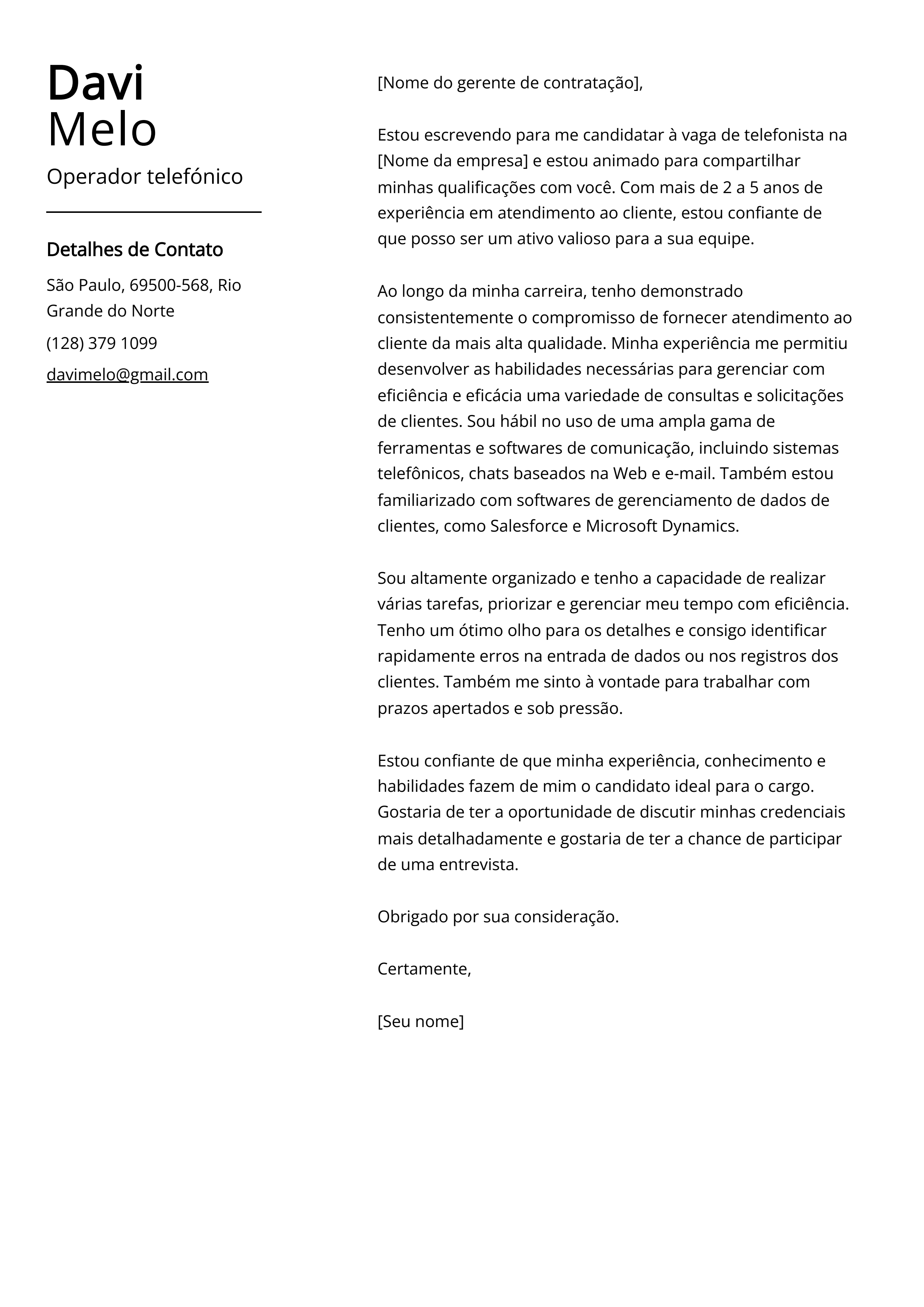 Exemplo de Carta de Apresentação de Operador Telefônico