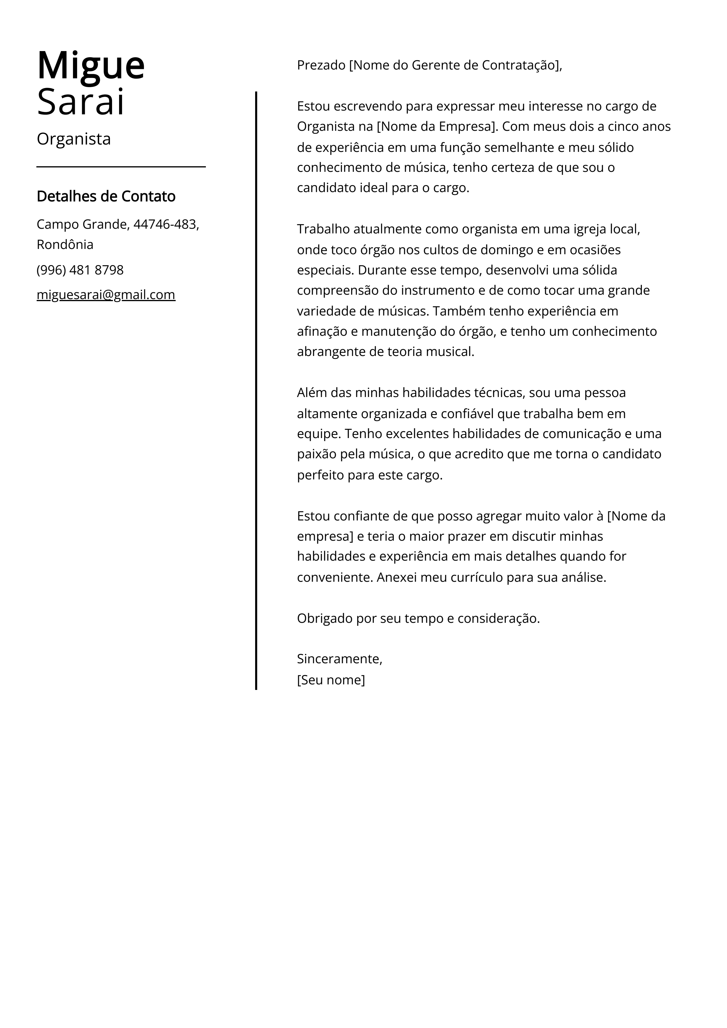 Exemplo de carta de apresentação de Organista.