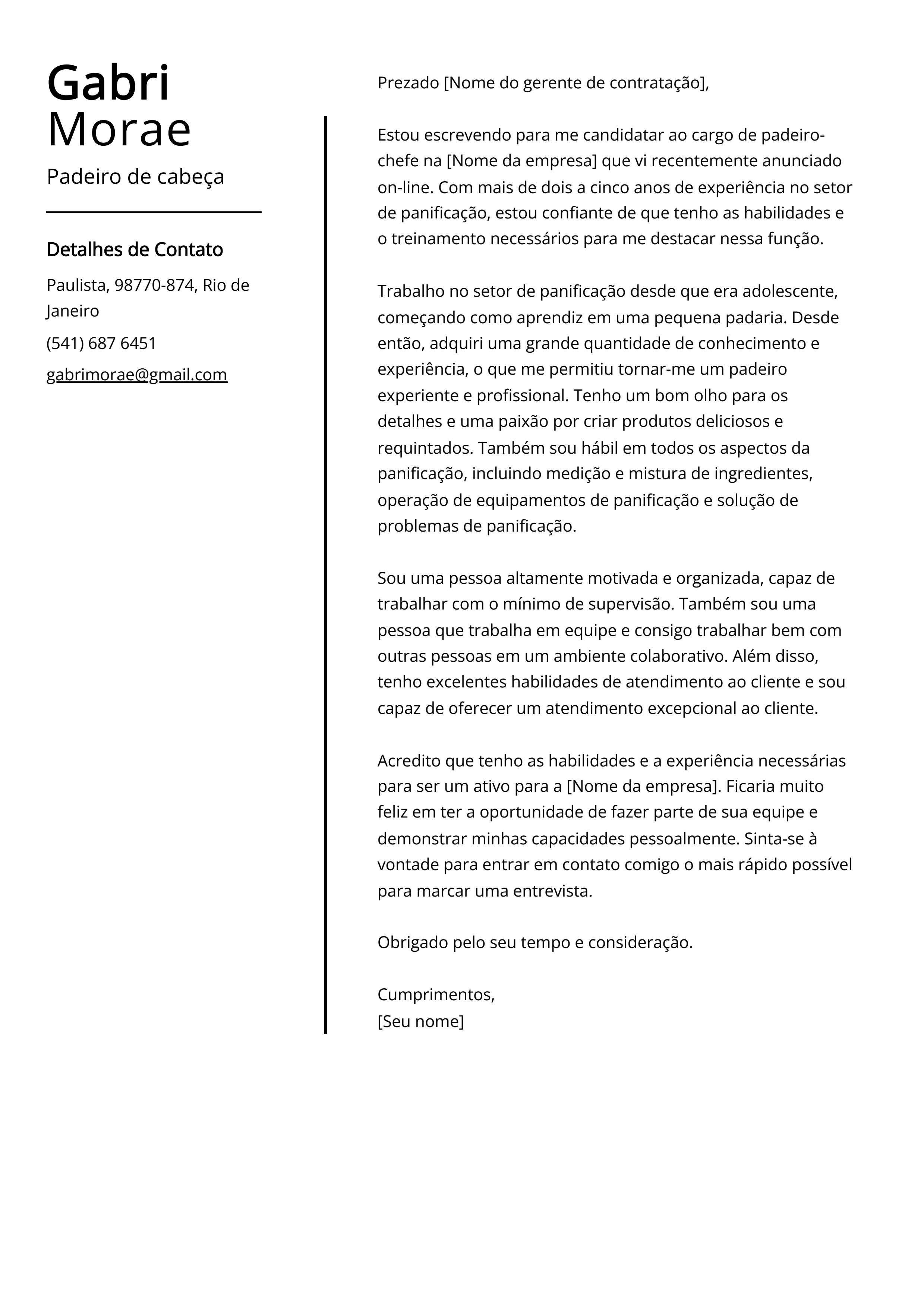 Exemplo de carta de apresentação do Padeiro de cabeça