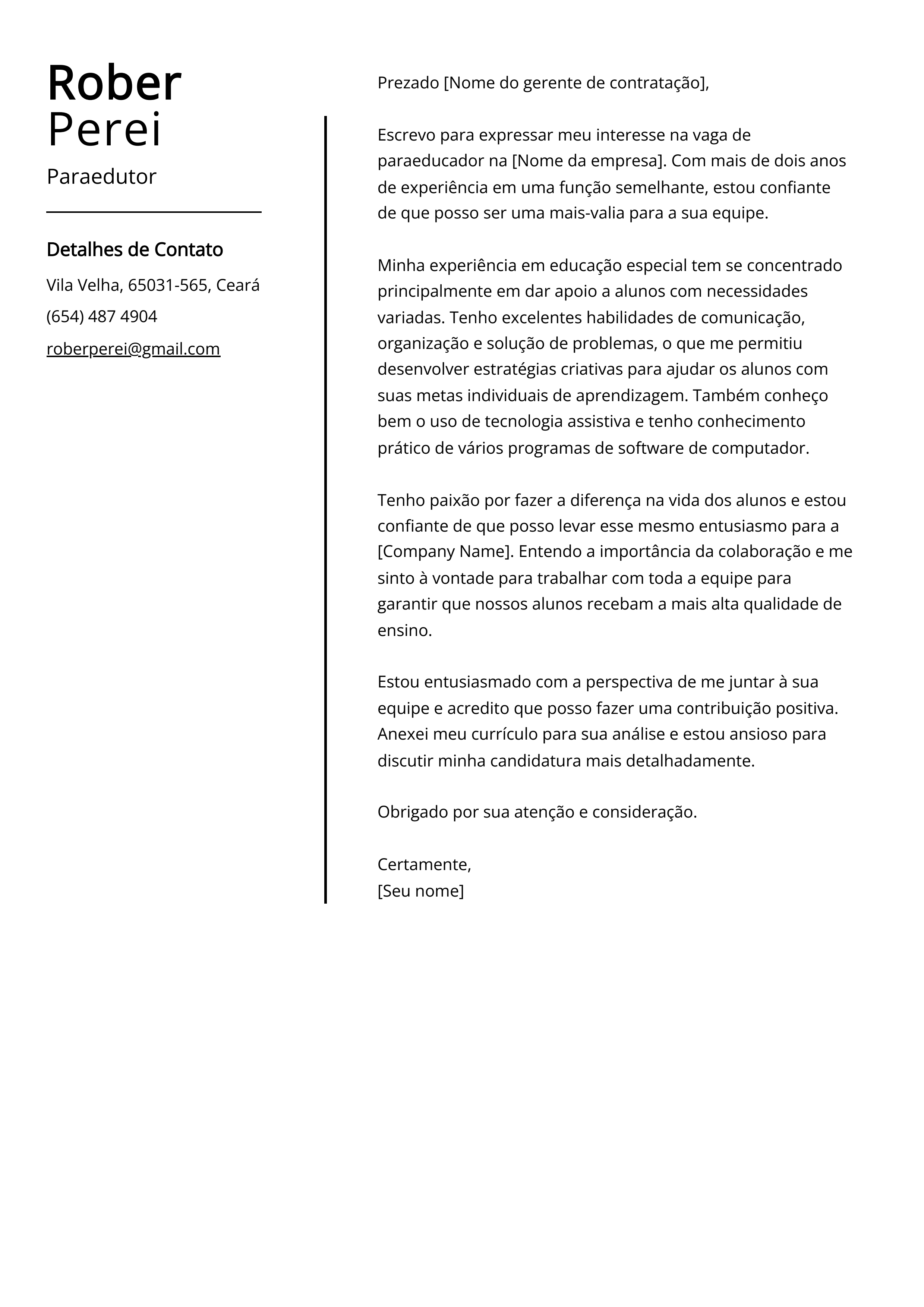 Exemplo de carta de apresentação de paraedutor