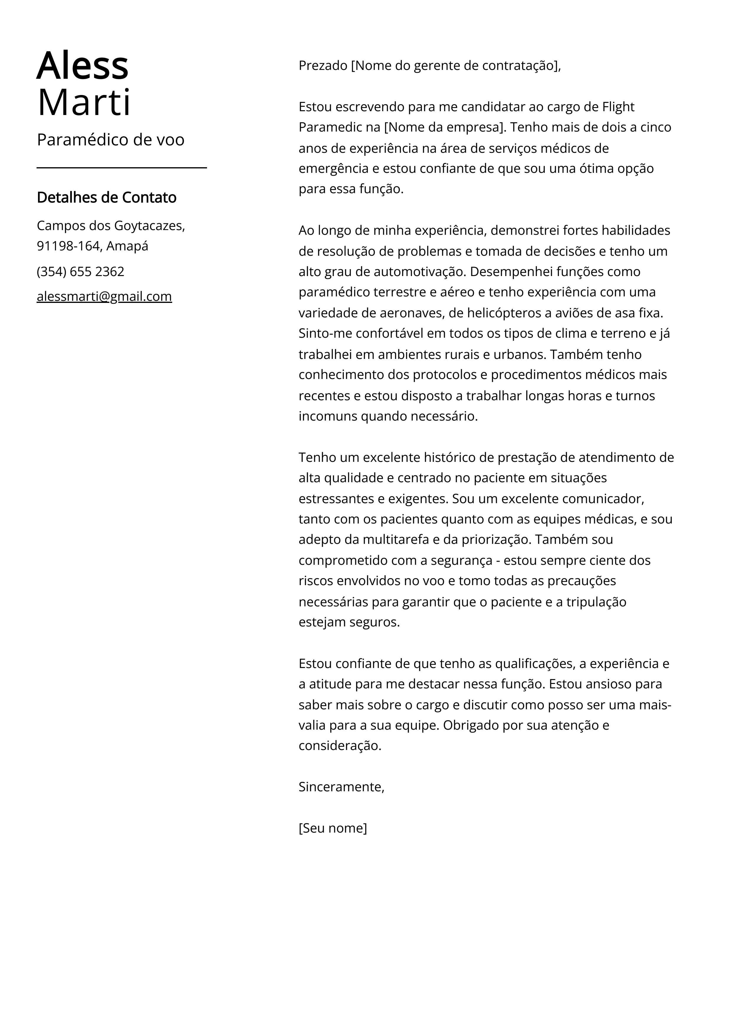 Paramédico de voo Exemplo de carta de apresentação