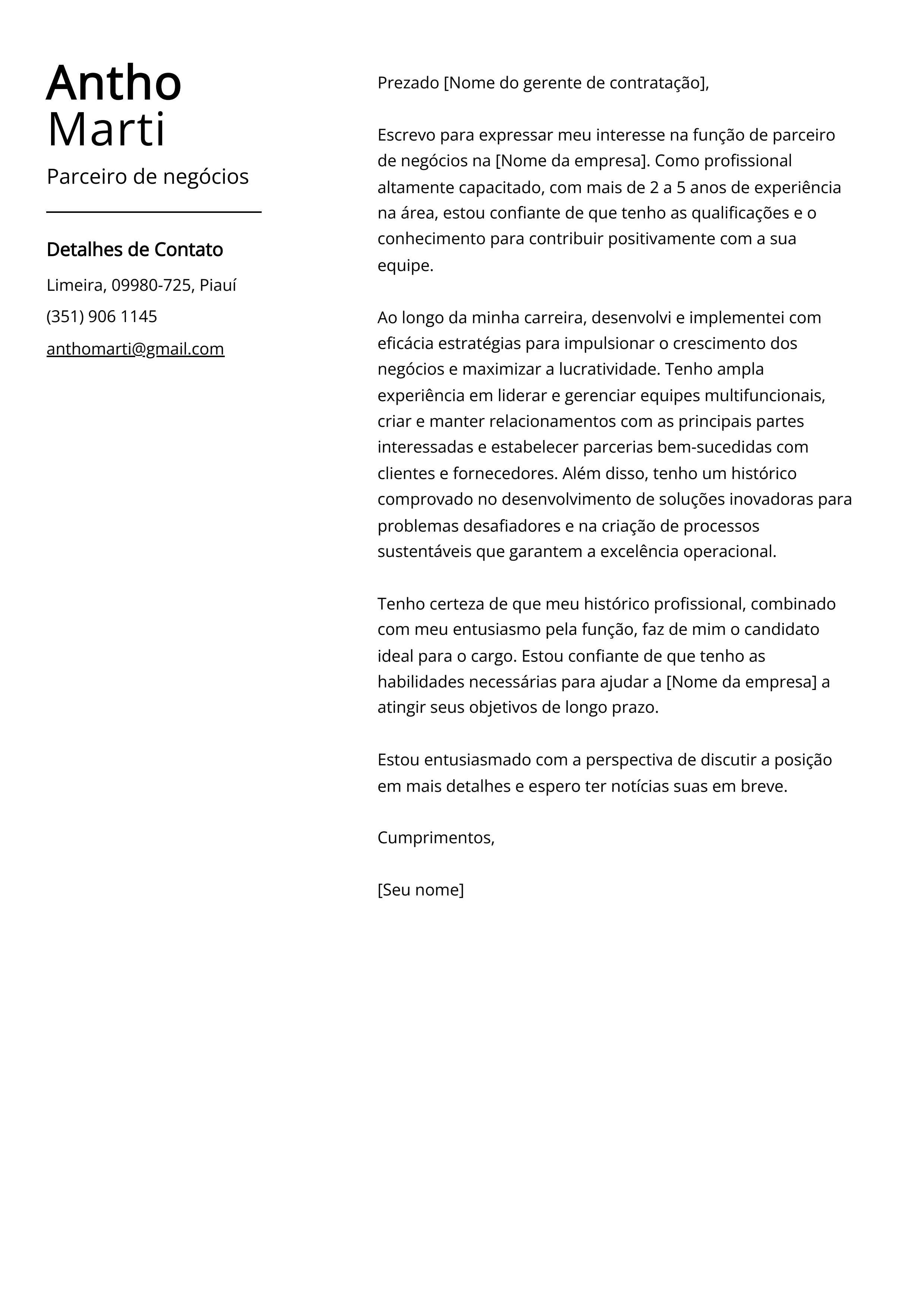 Exemplo de Carta de Apresentação de Parceiro de Negócios