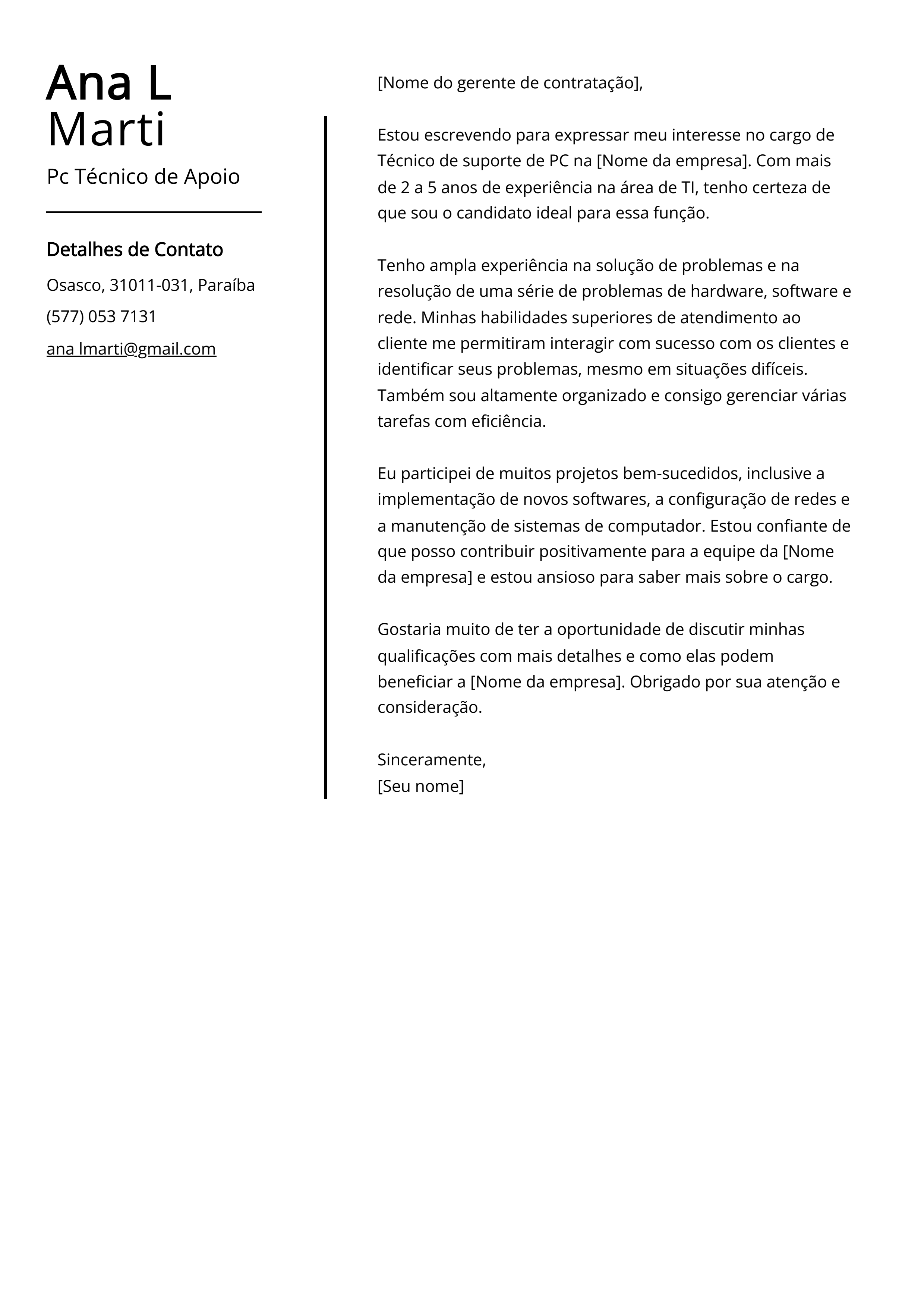 Exemplo de carta de apresentação de Pc Técnico de Apoio