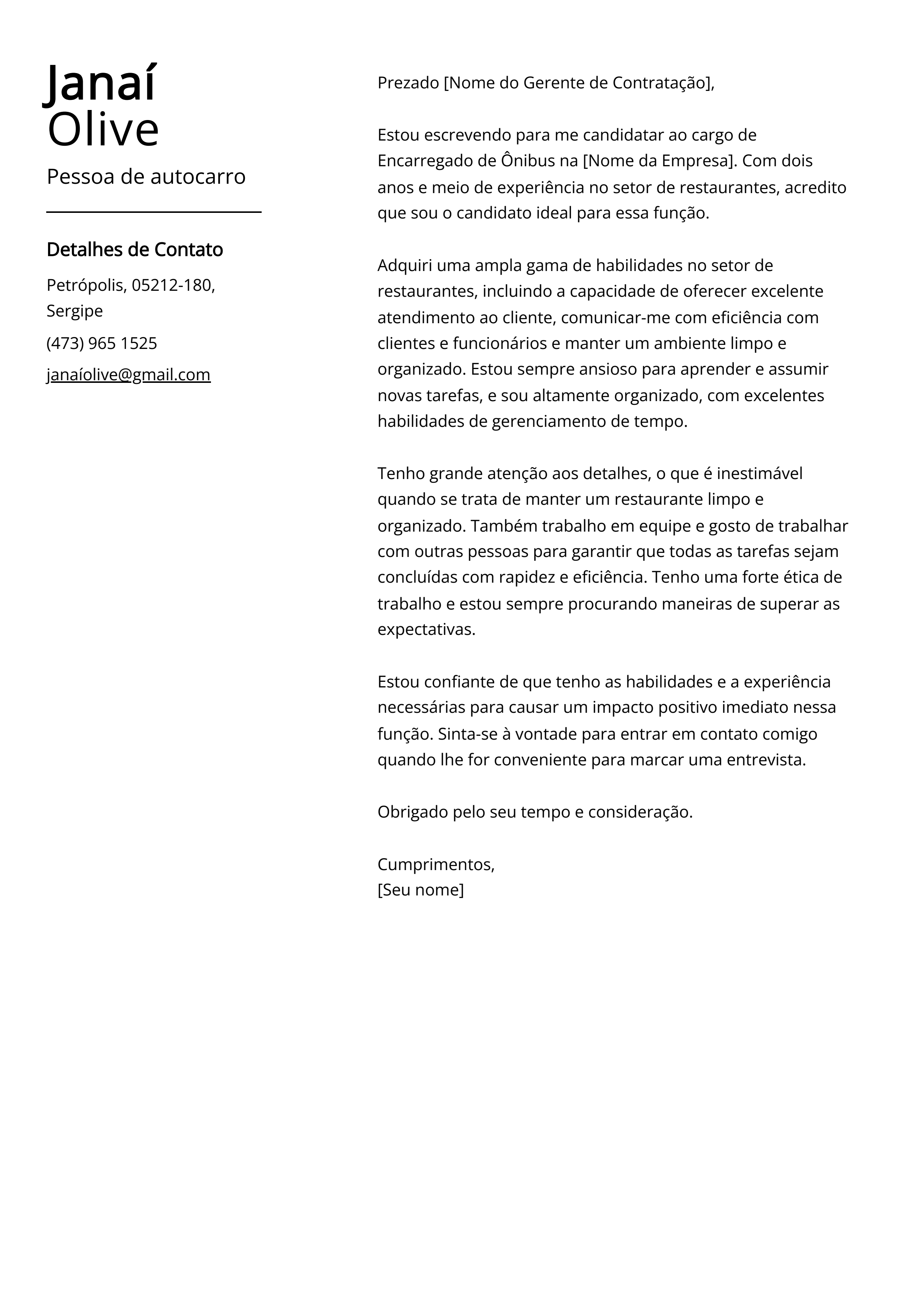 Pessoa de ônibus Cover Letter Example