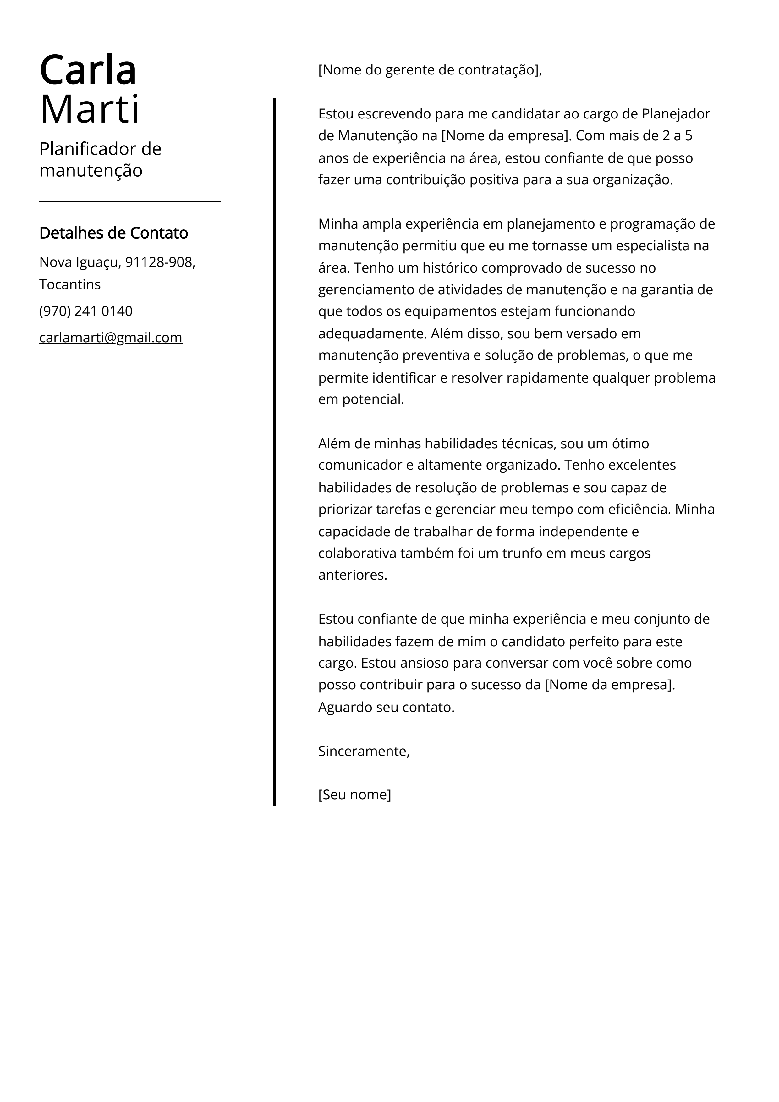 Exemplo de carta de apresentação do planejador de manutenção