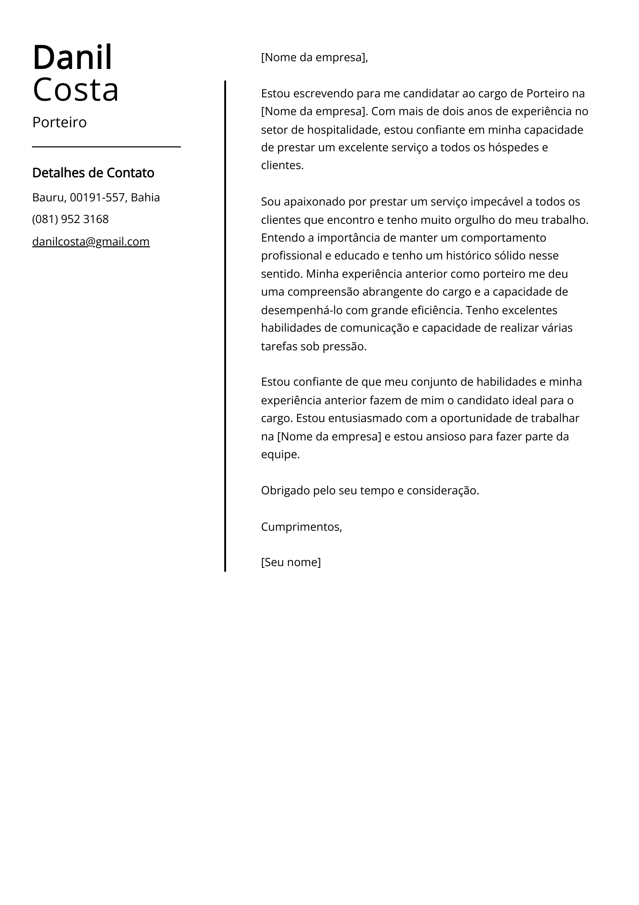 Exemplo de Carta de Apresentação de Porteiro