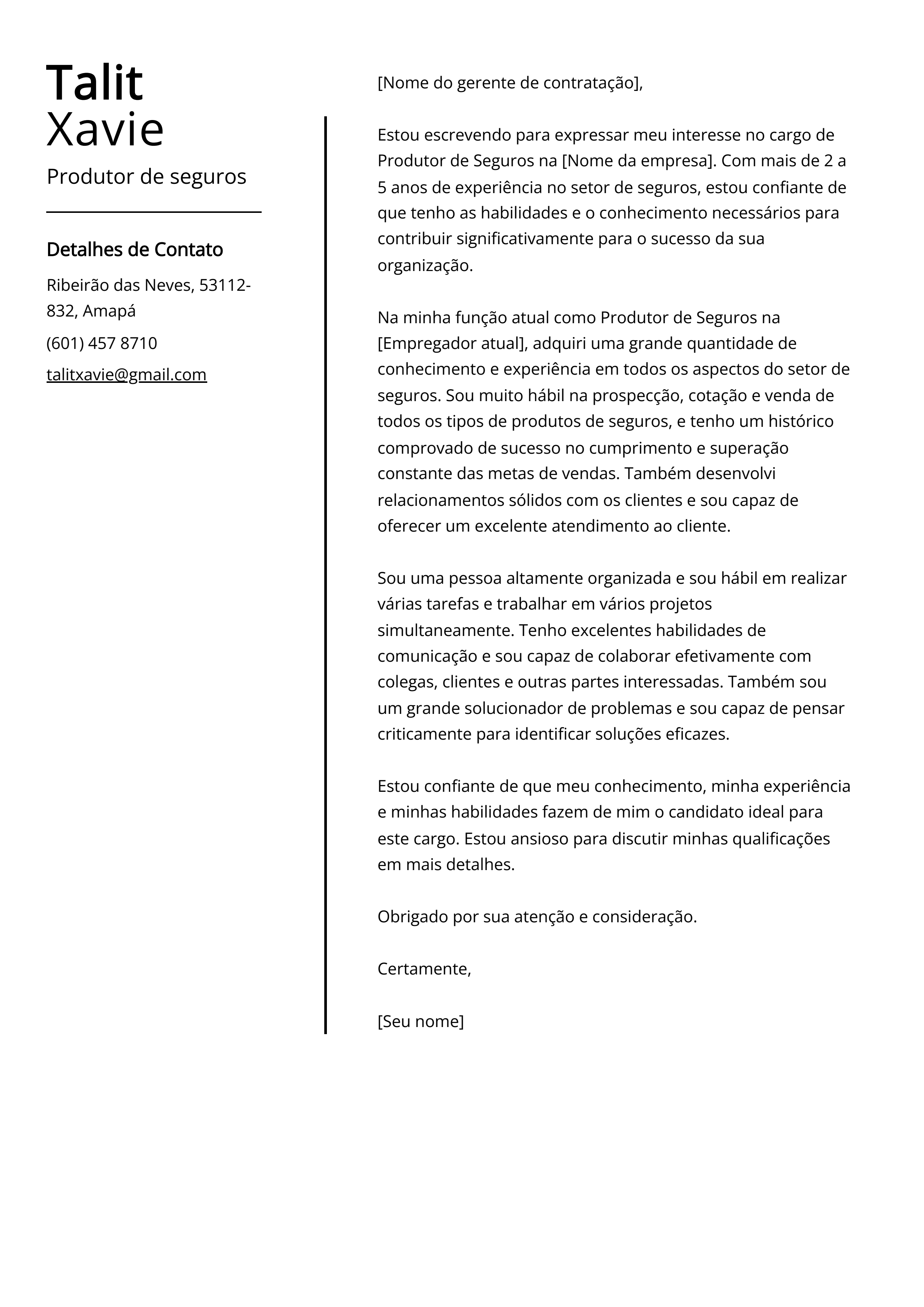 Exemplo de Carta de Apresentação de Produtor de Seguros