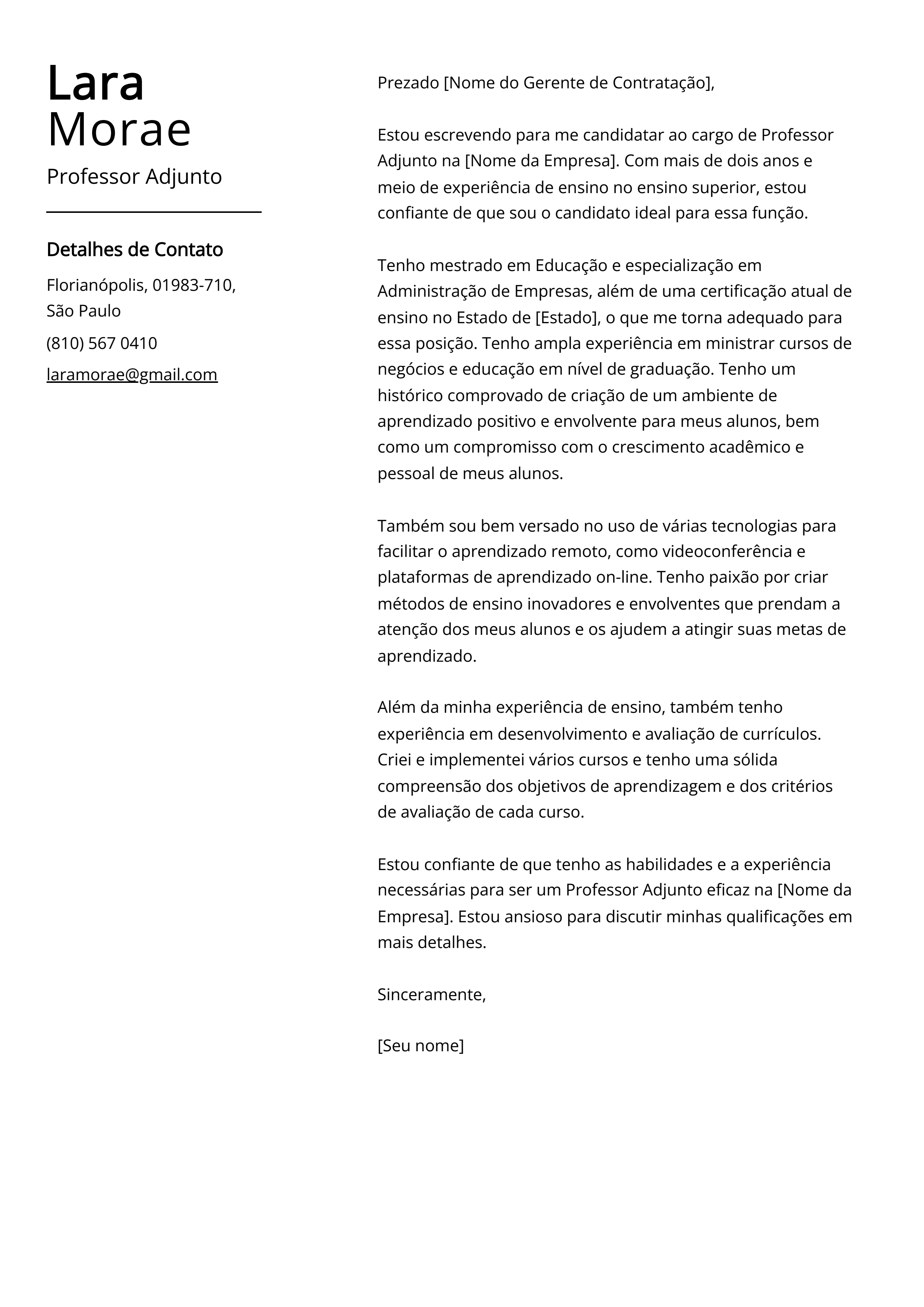 Exemplo de carta de apresentação de professor adjunto