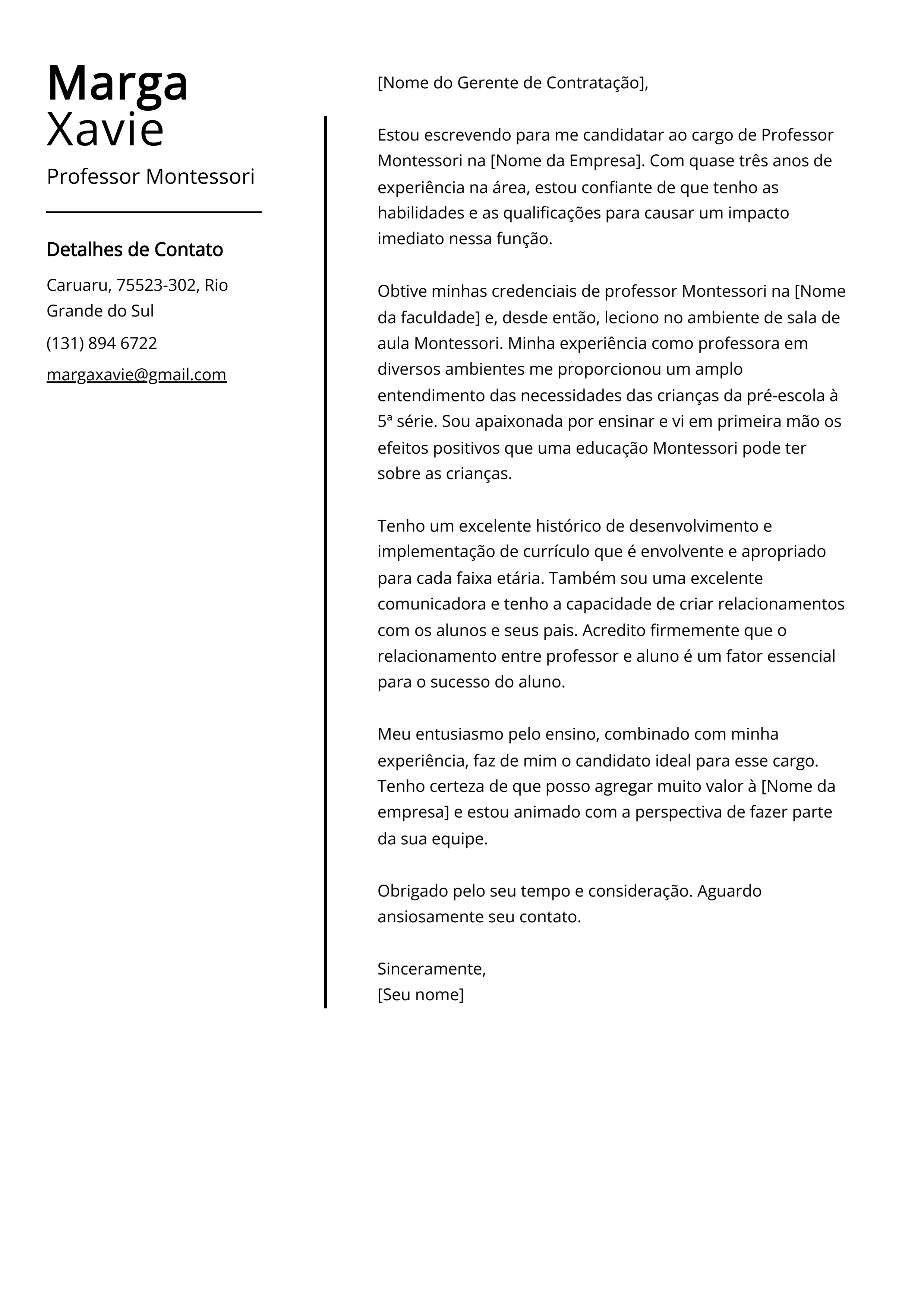 Exemplo de carta de apresentação do Professor Montessori