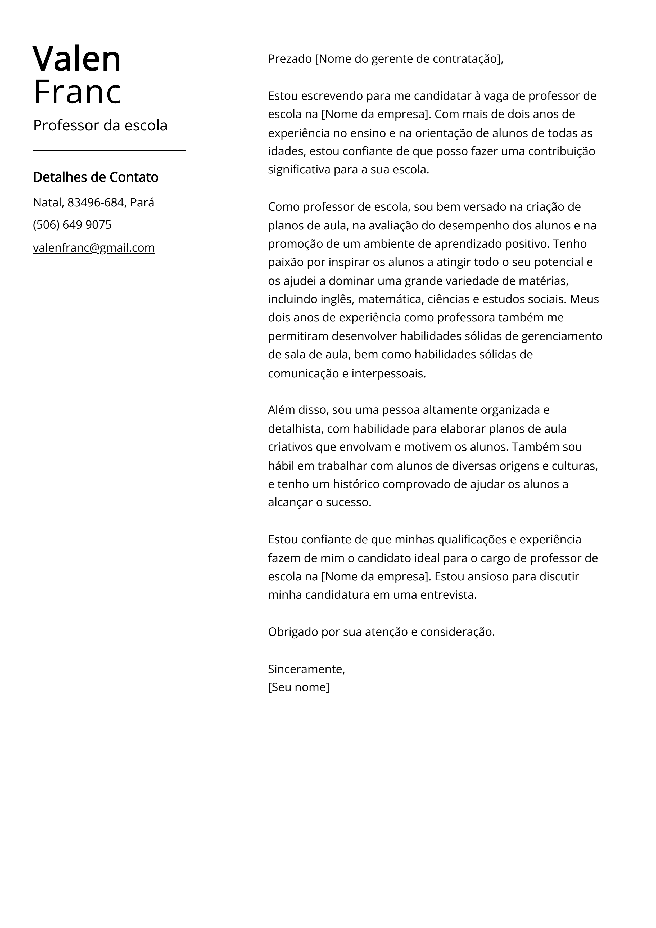 Exemplo de carta de apresentação do professor da escola