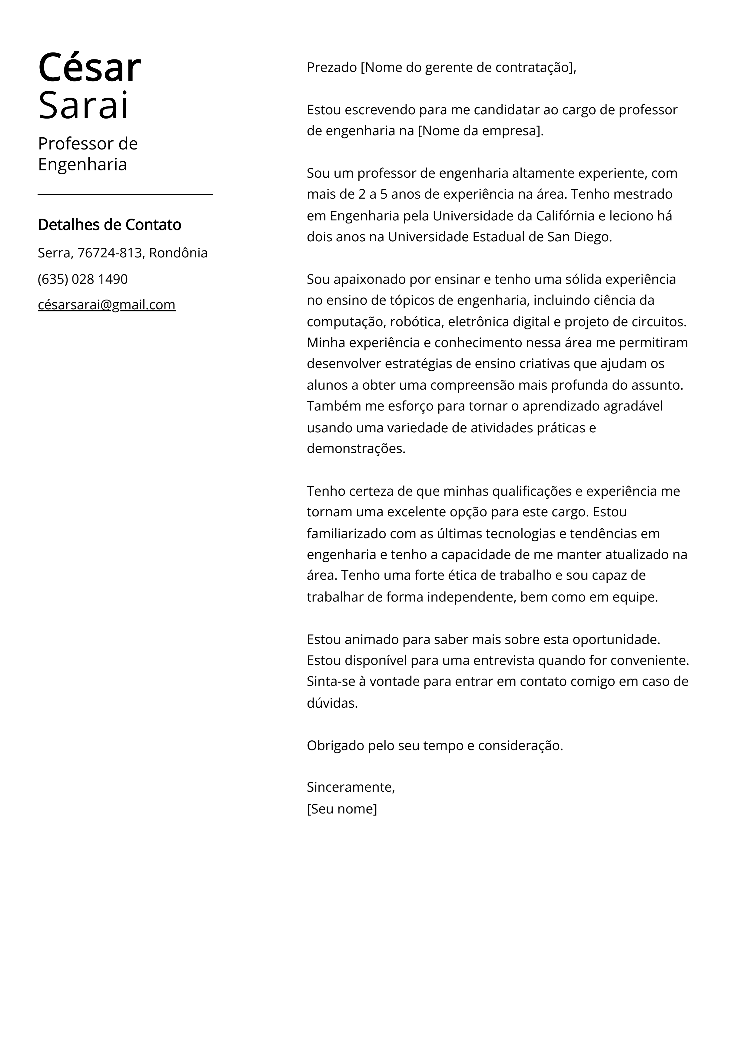 Exemplo de carta de apresentação de professor de engenharia