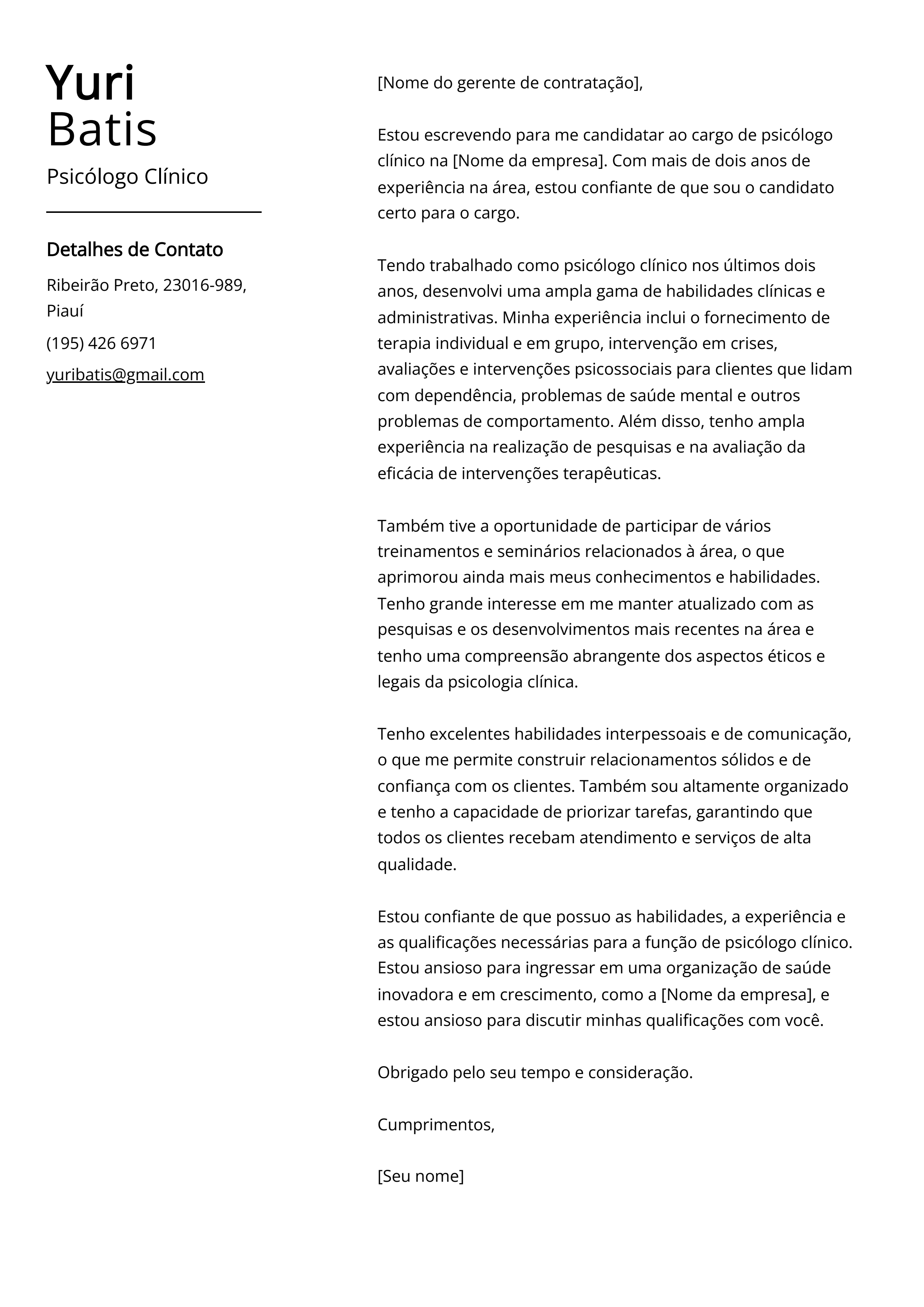 Psicólogo Clínico Exemplo de Carta de Apresentação