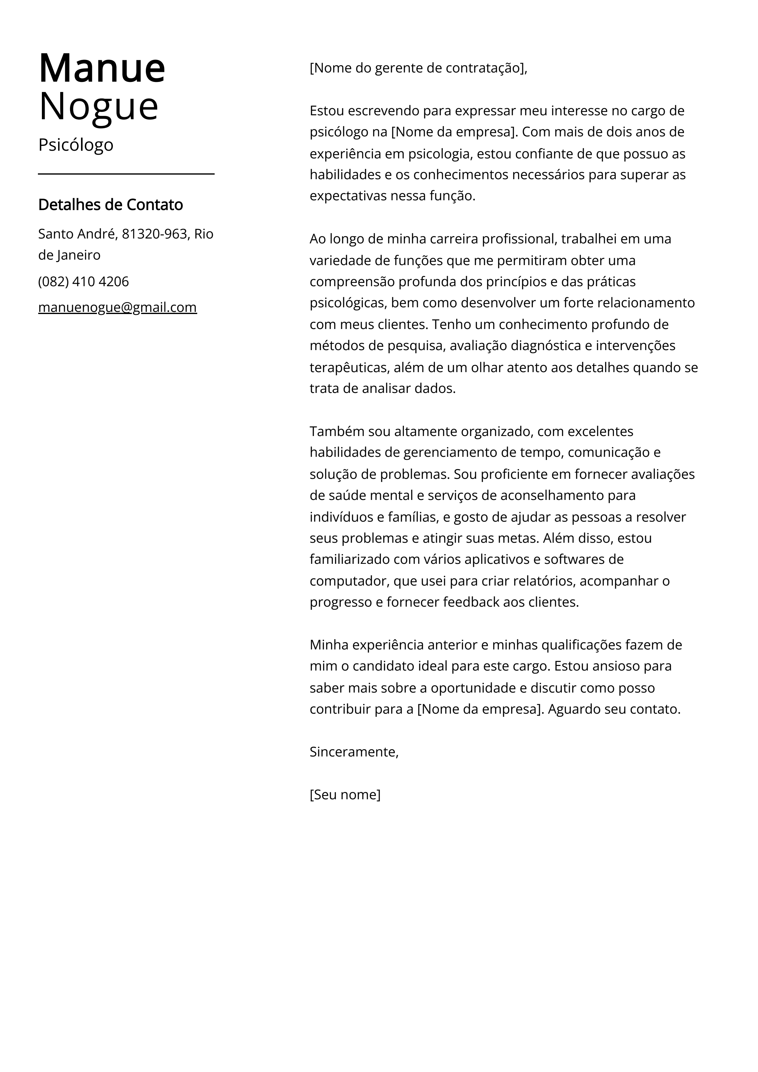 Psicólogo Exemplo de carta de apresentação