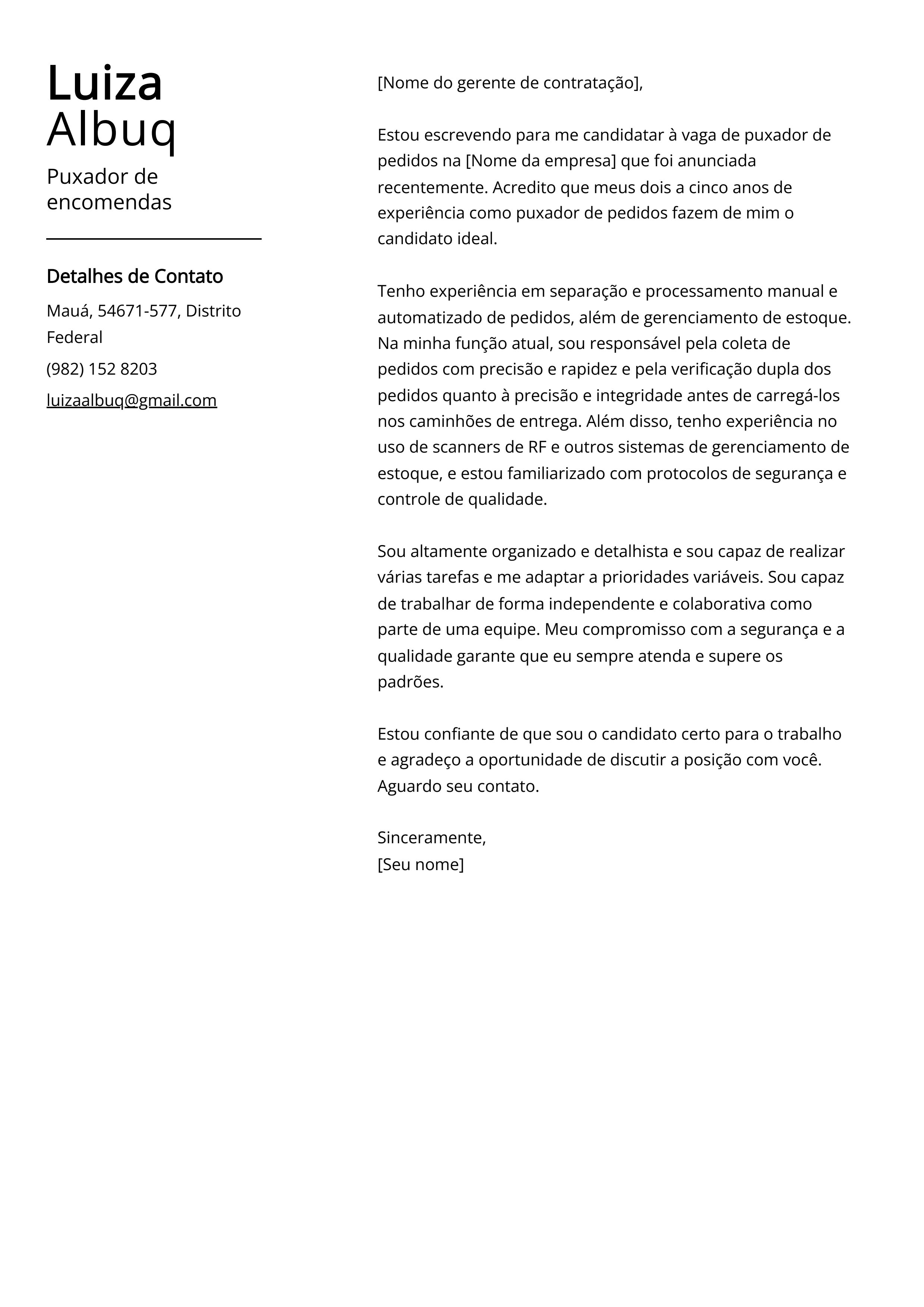 Exemplo de Carta de Apresentação de Puxador de Encomendas