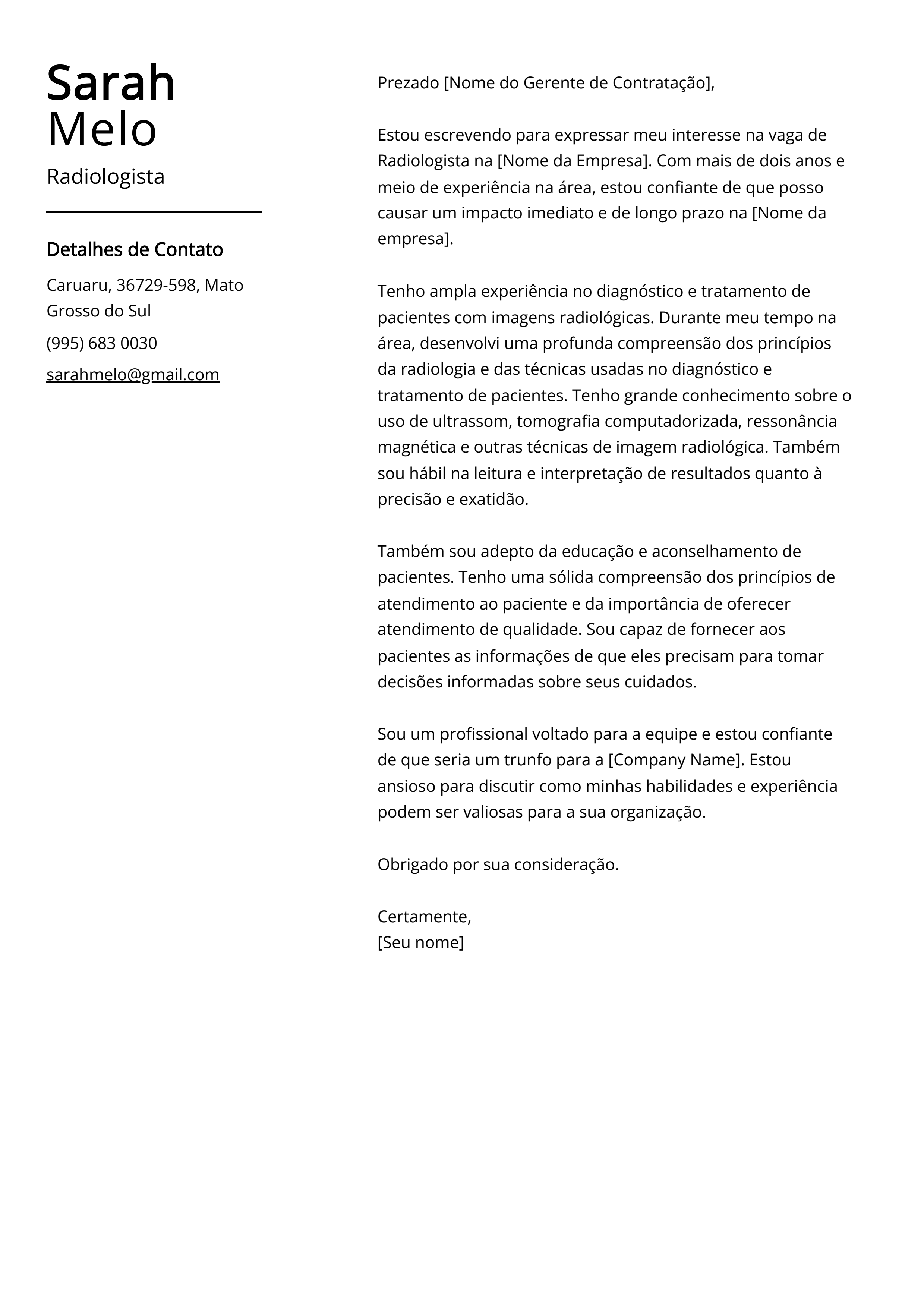 Exemplo de carta de apresentação de Radiologista.