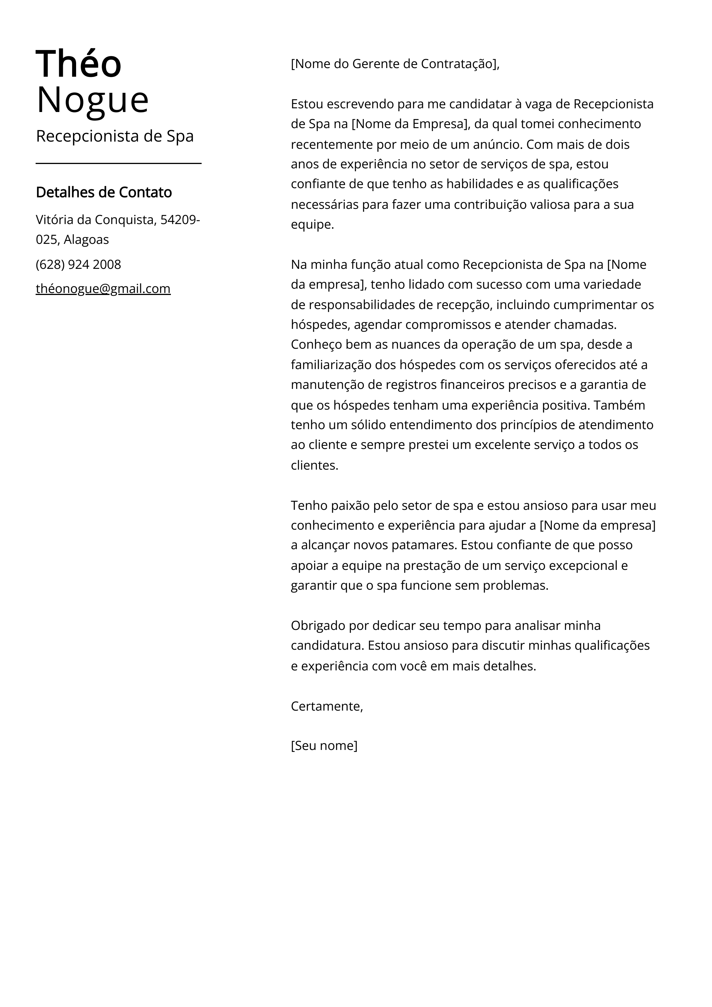 Exemplo de Carta de Apresentação de Recepcionista de Spa