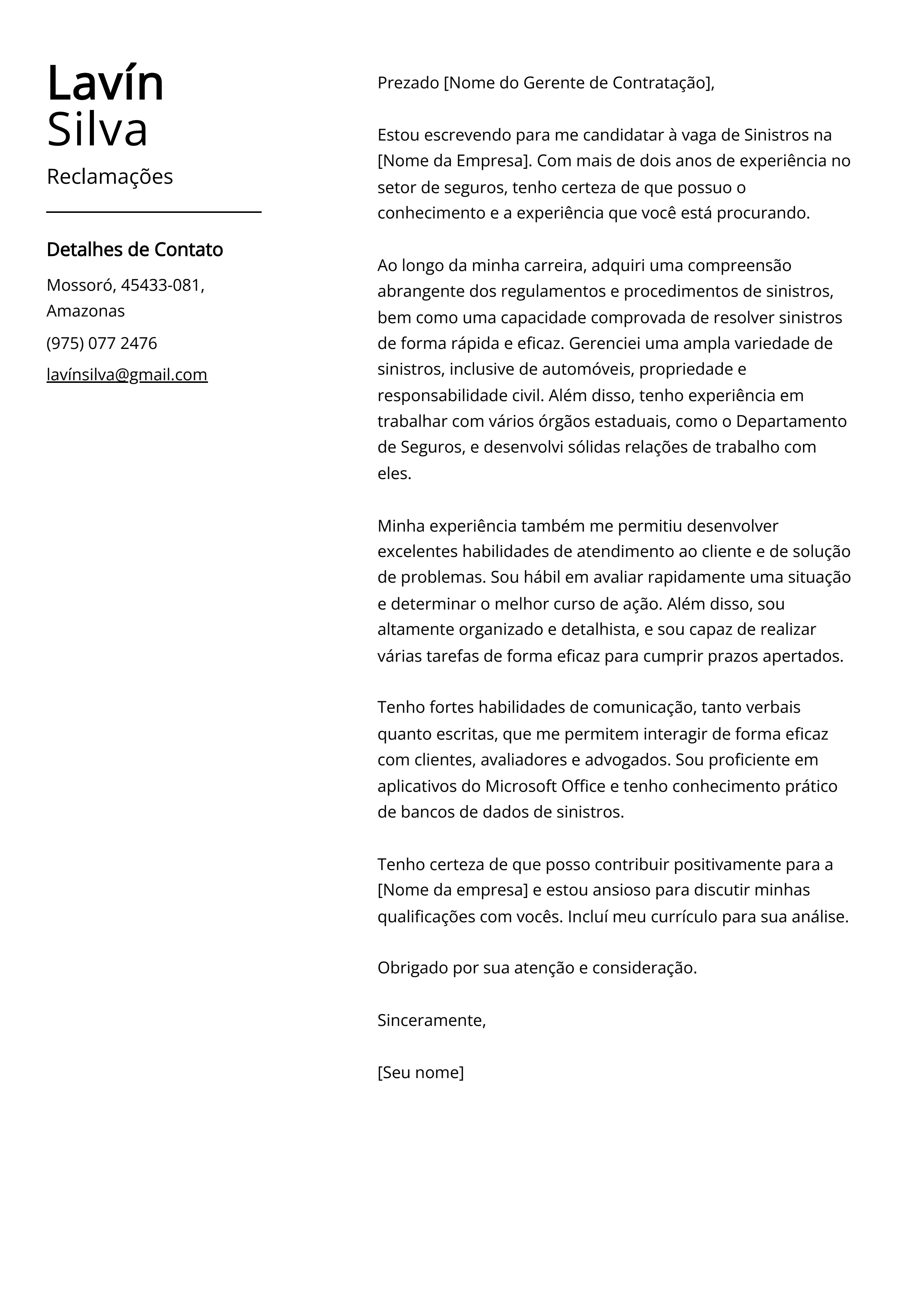 Exemplo de Carta de Apresentação de Reclamações