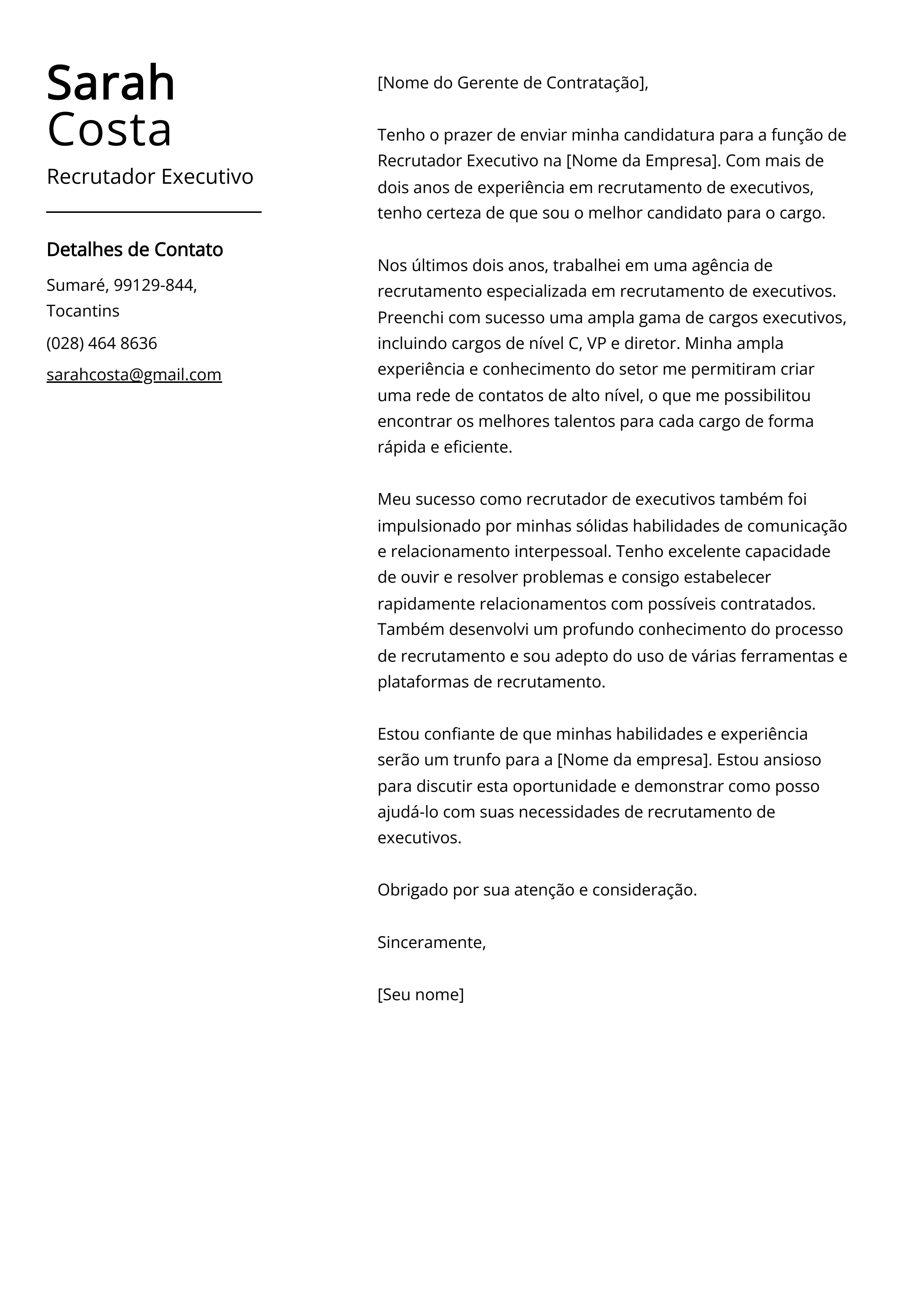 Exemplo de carta de apresentação do Recrutador Executivo