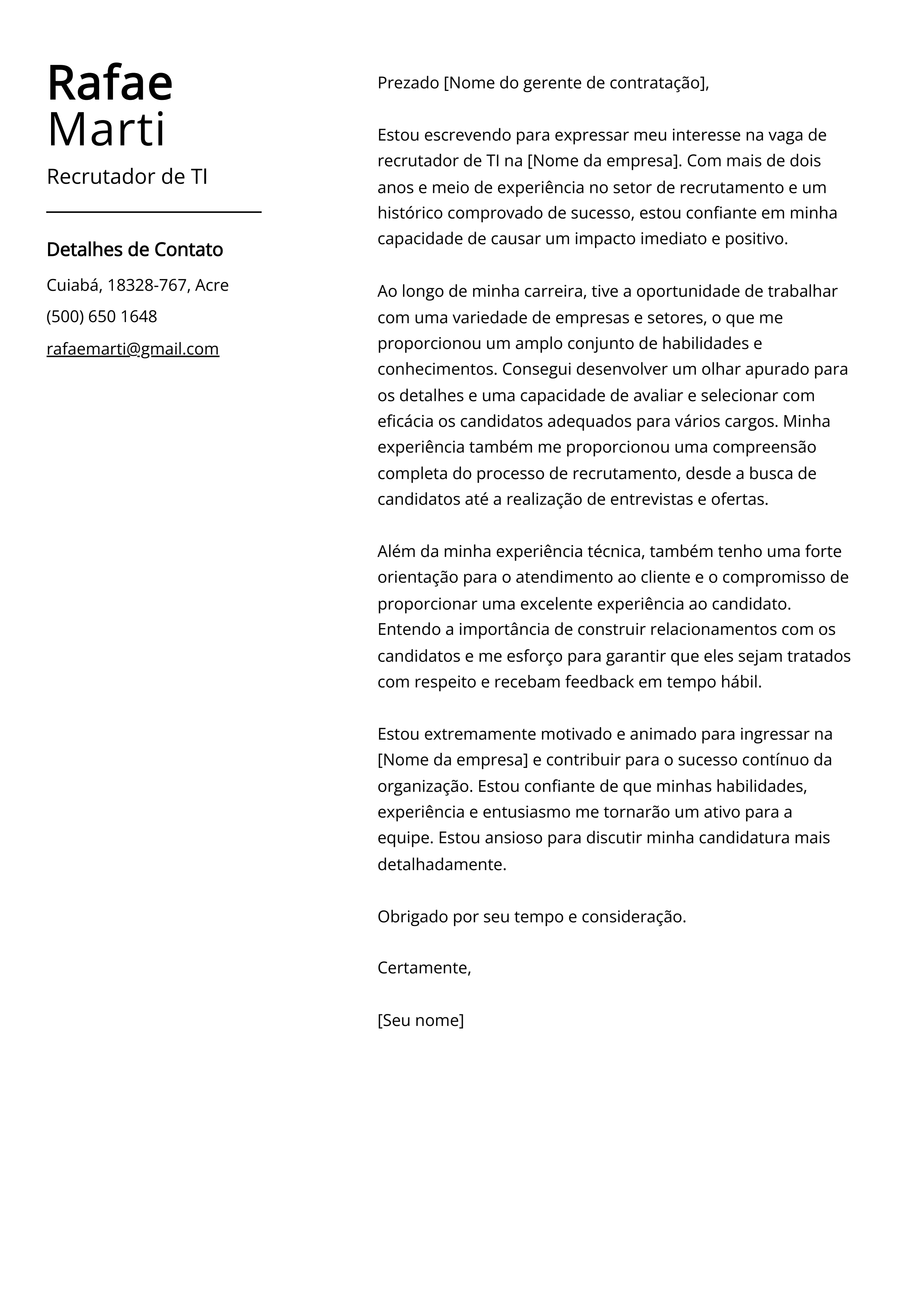 Exemplo de carta de apresentação do Recrutador de TI