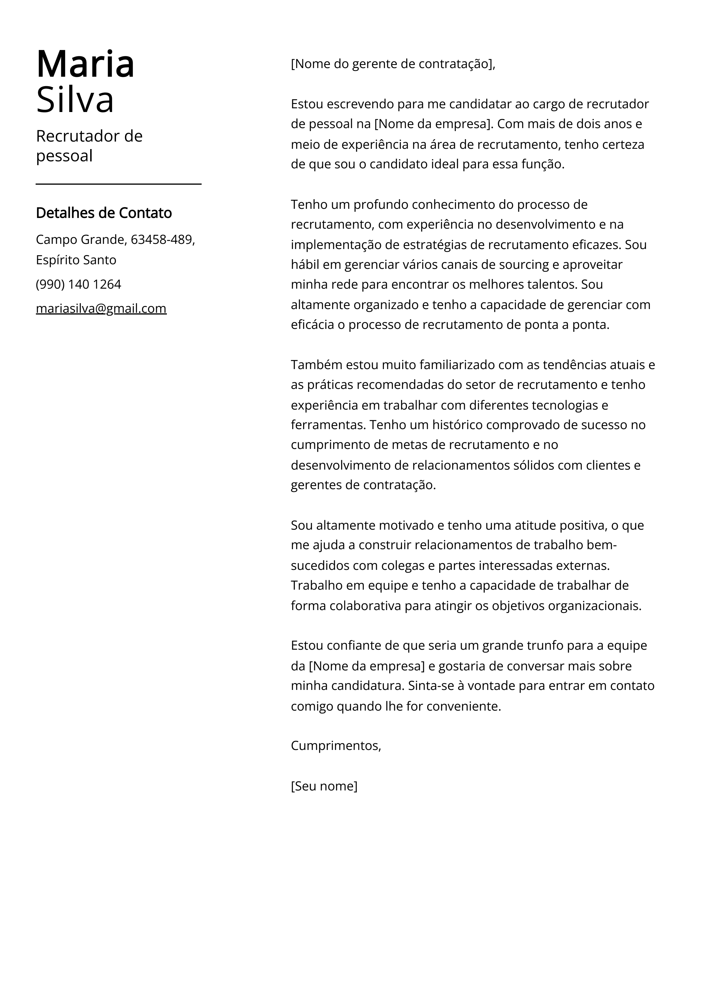 Exemplo de carta de apresentação do Recrutador de pessoal