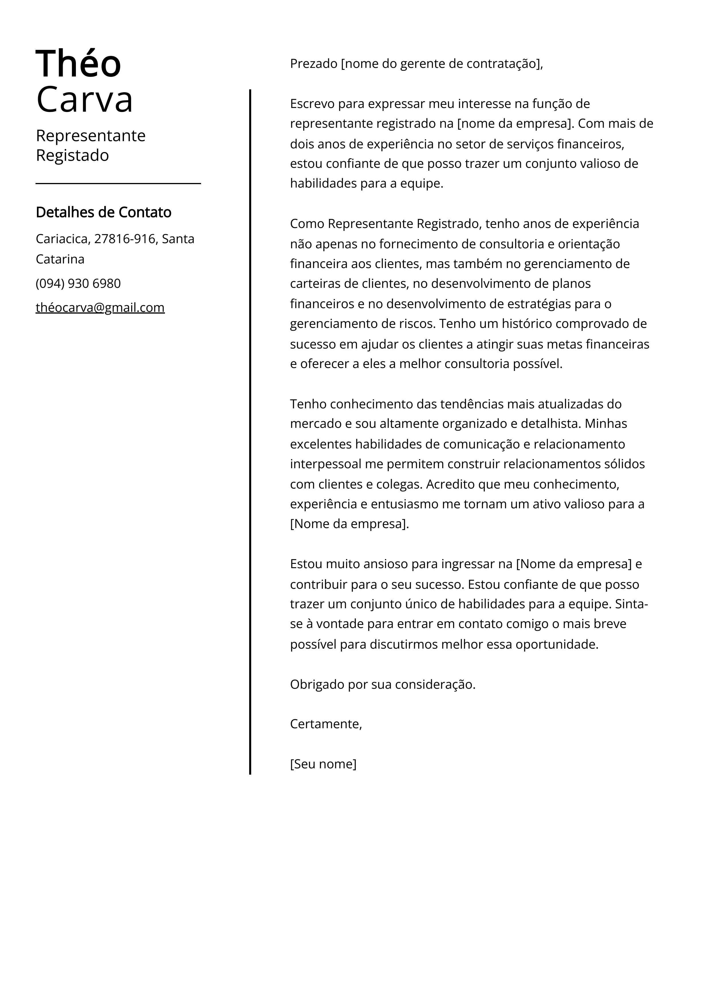 Exemplo de carta de apresentação de representante registrado