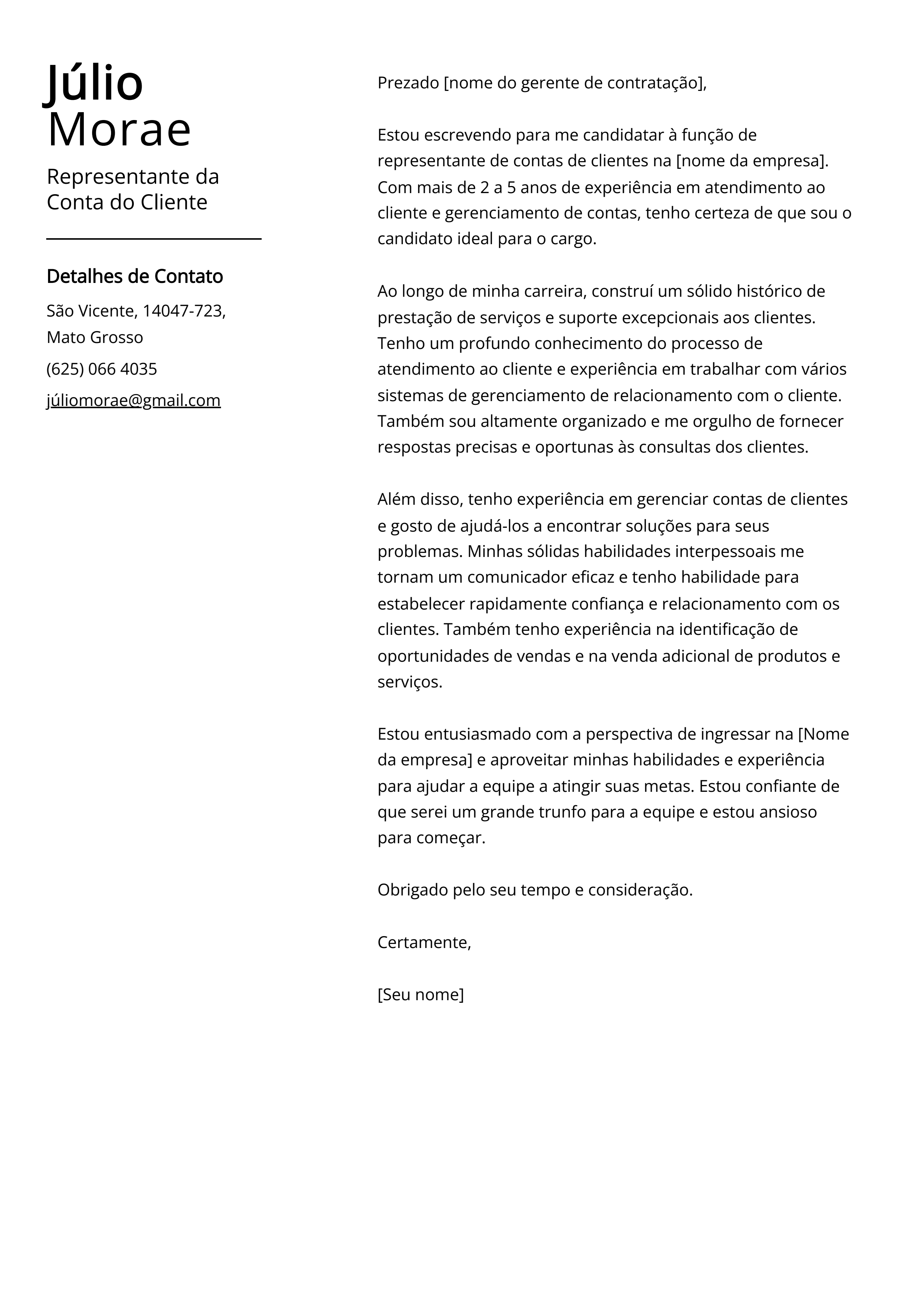 Exemplo de carta de apresentação do Representante da Conta do Cliente