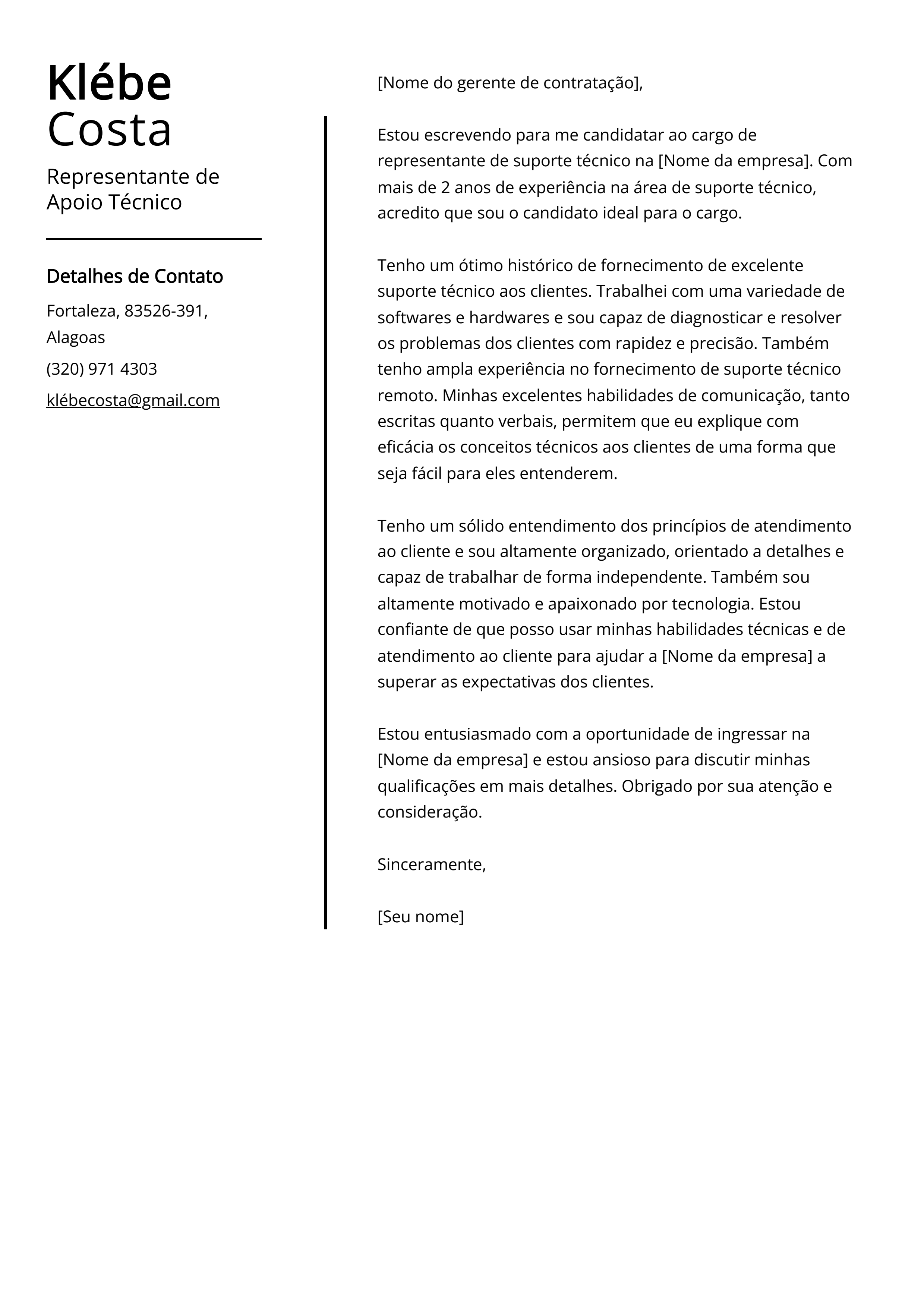 Exemplo de carta de apresentação de Representante de Apoio Técnico