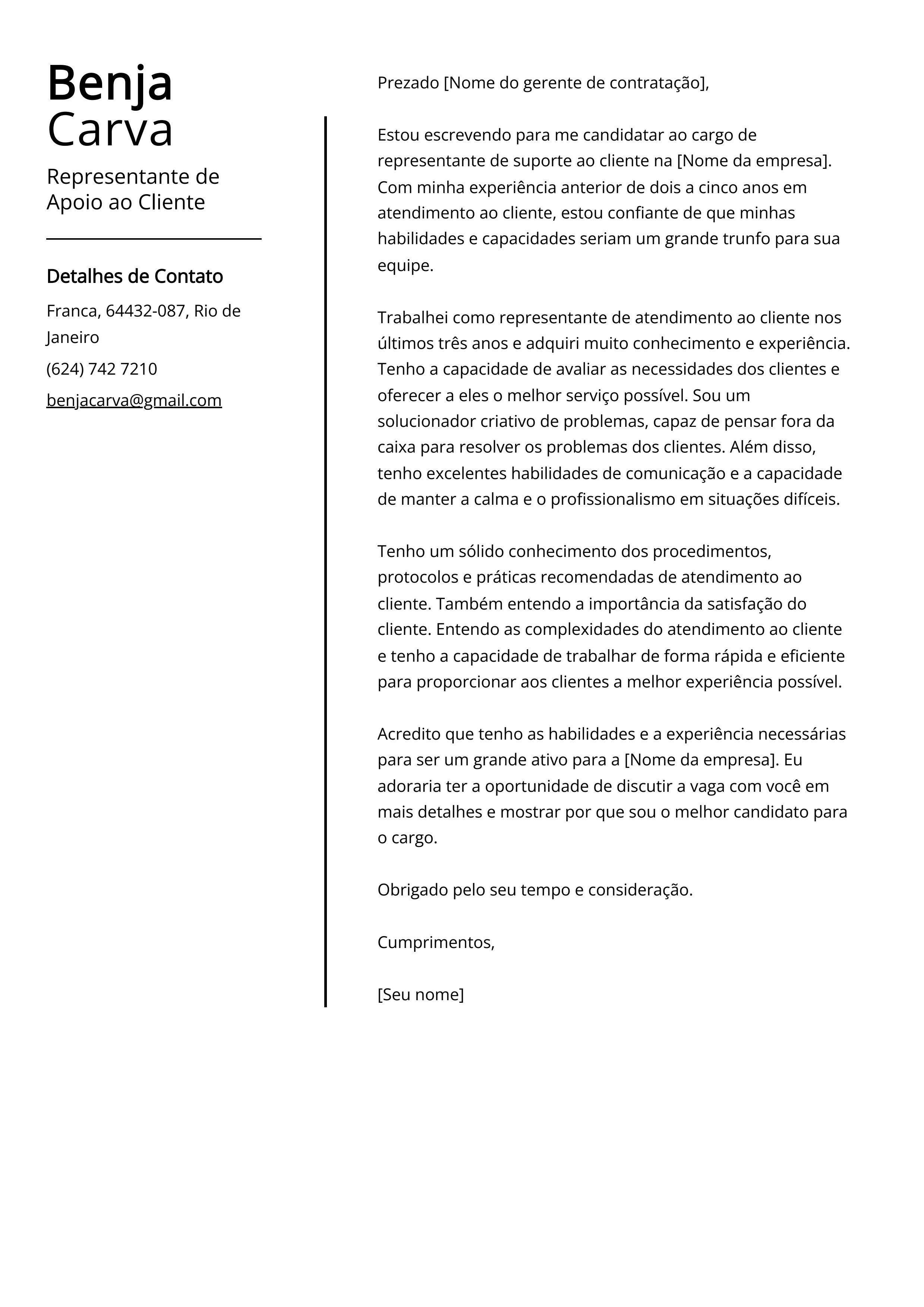 Exemplo de carta de apresentação do Representante de Apoio ao Cliente