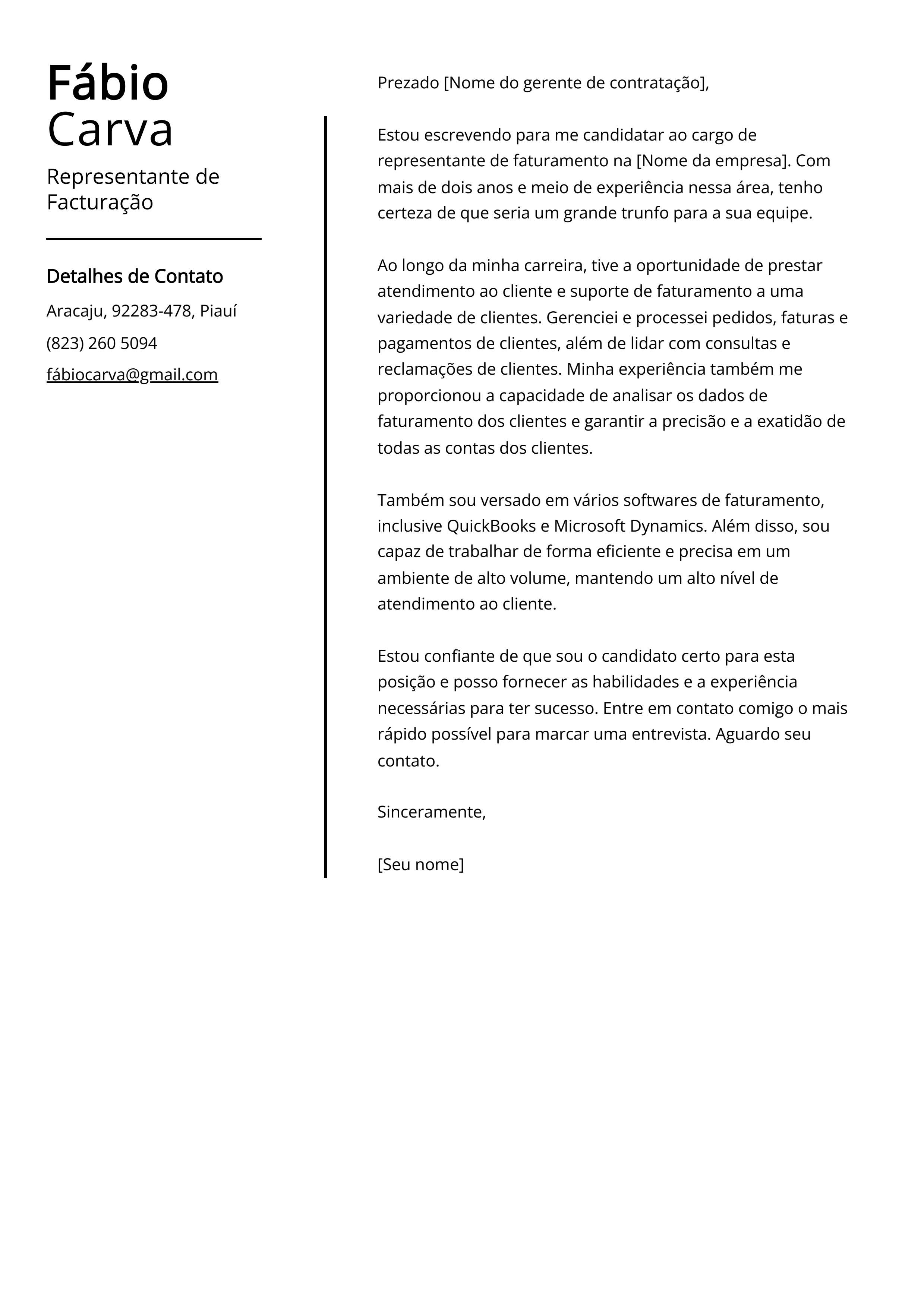 Exemplo de carta de apresentação de Representante de Facturação