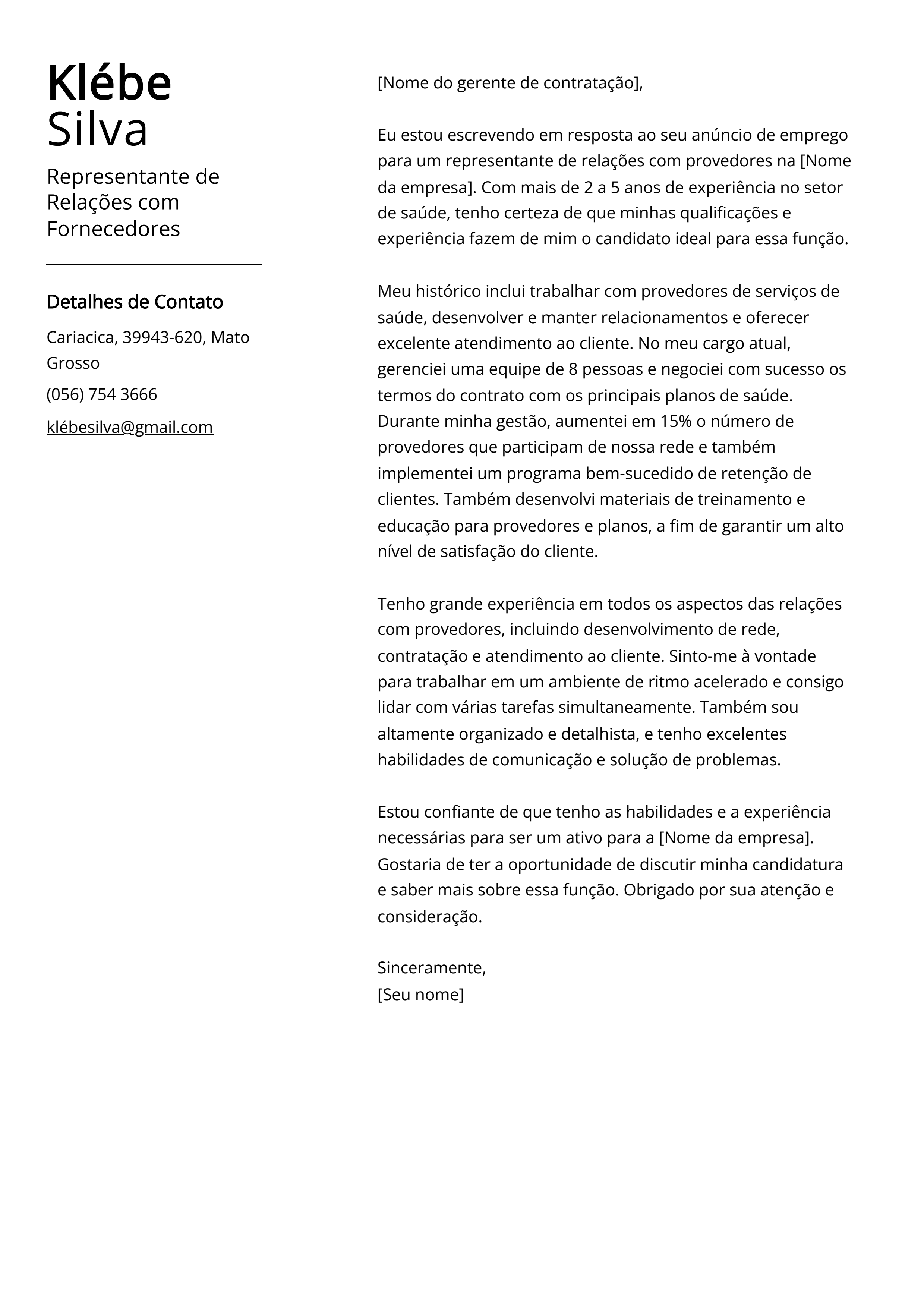 Exemplo de carta de apresentação do Representante de Relações com Fornecedores