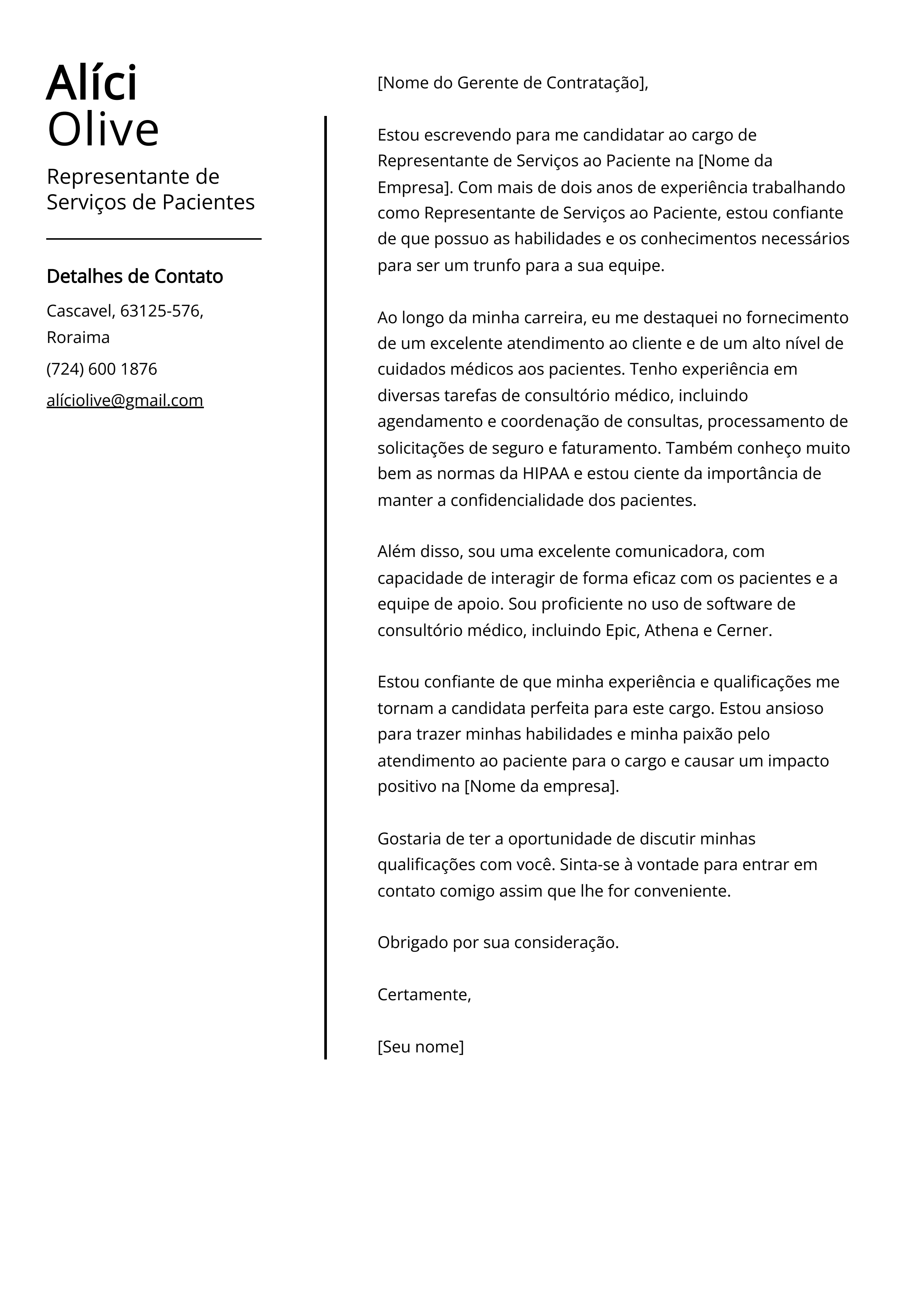 Exemplo de carta de apresentação do Representante de Serviços de Pacientes