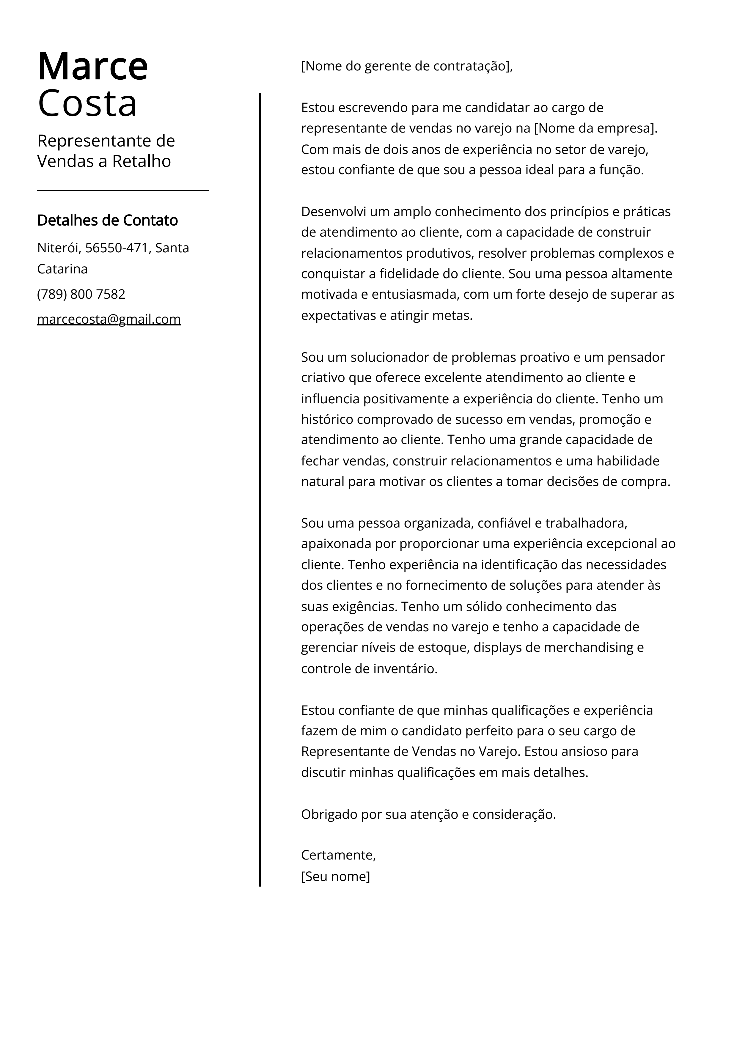 Exemplo de carta de apresentação de Representante de Vendas a Retalho