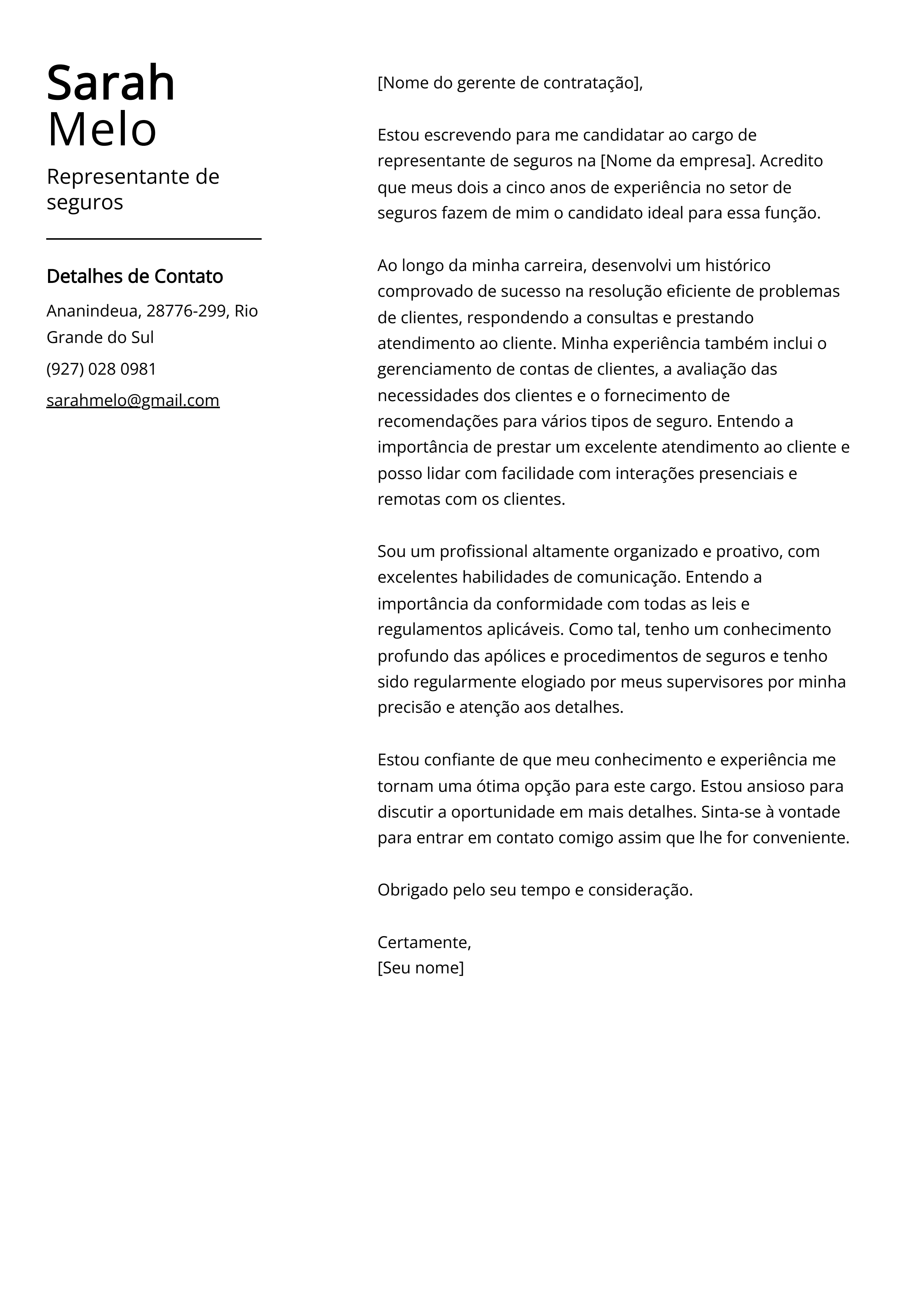 Exemplo de carta de apresentação de representante de seguros