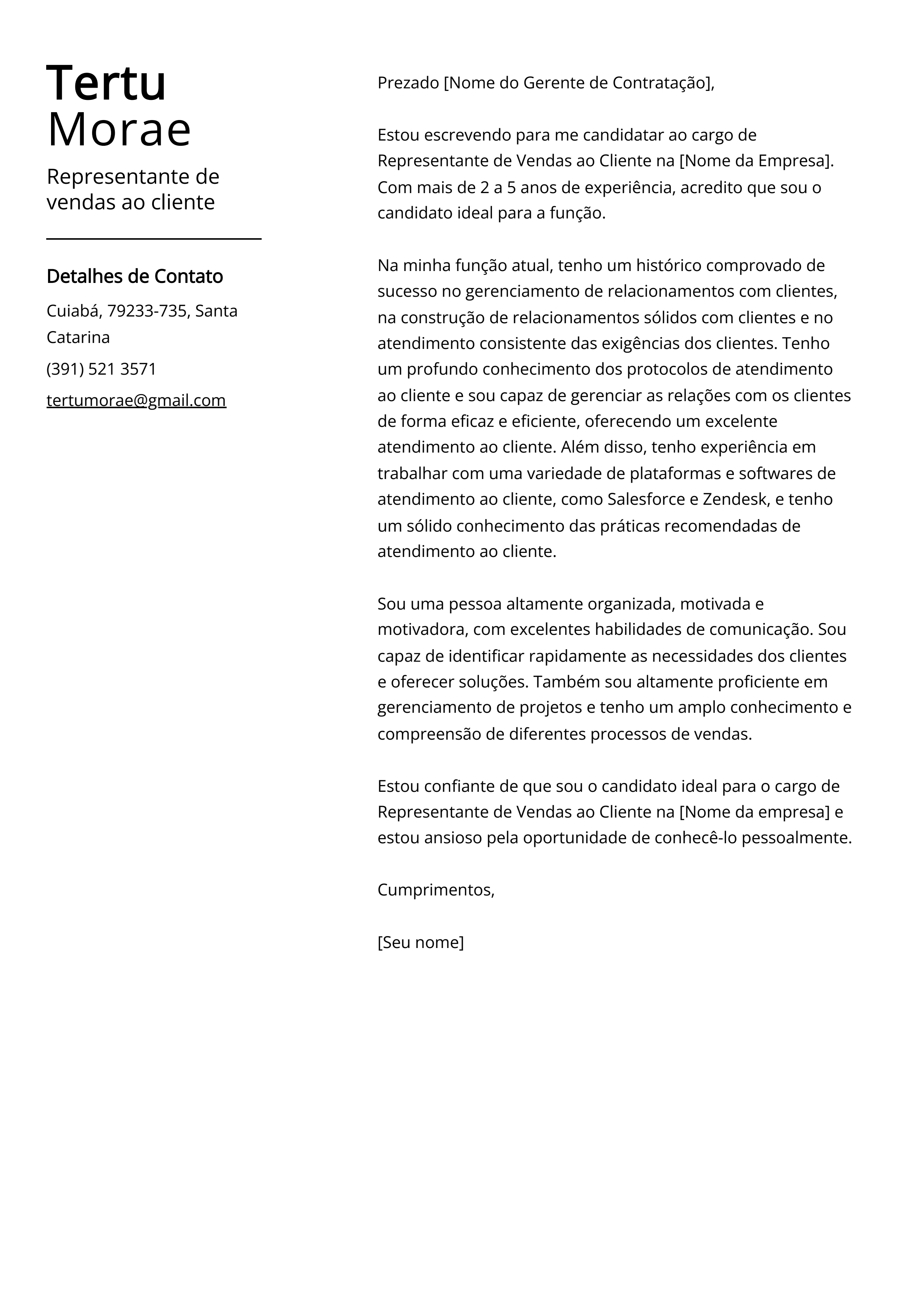 Exemplo de carta de apresentação de representante de vendas ao cliente