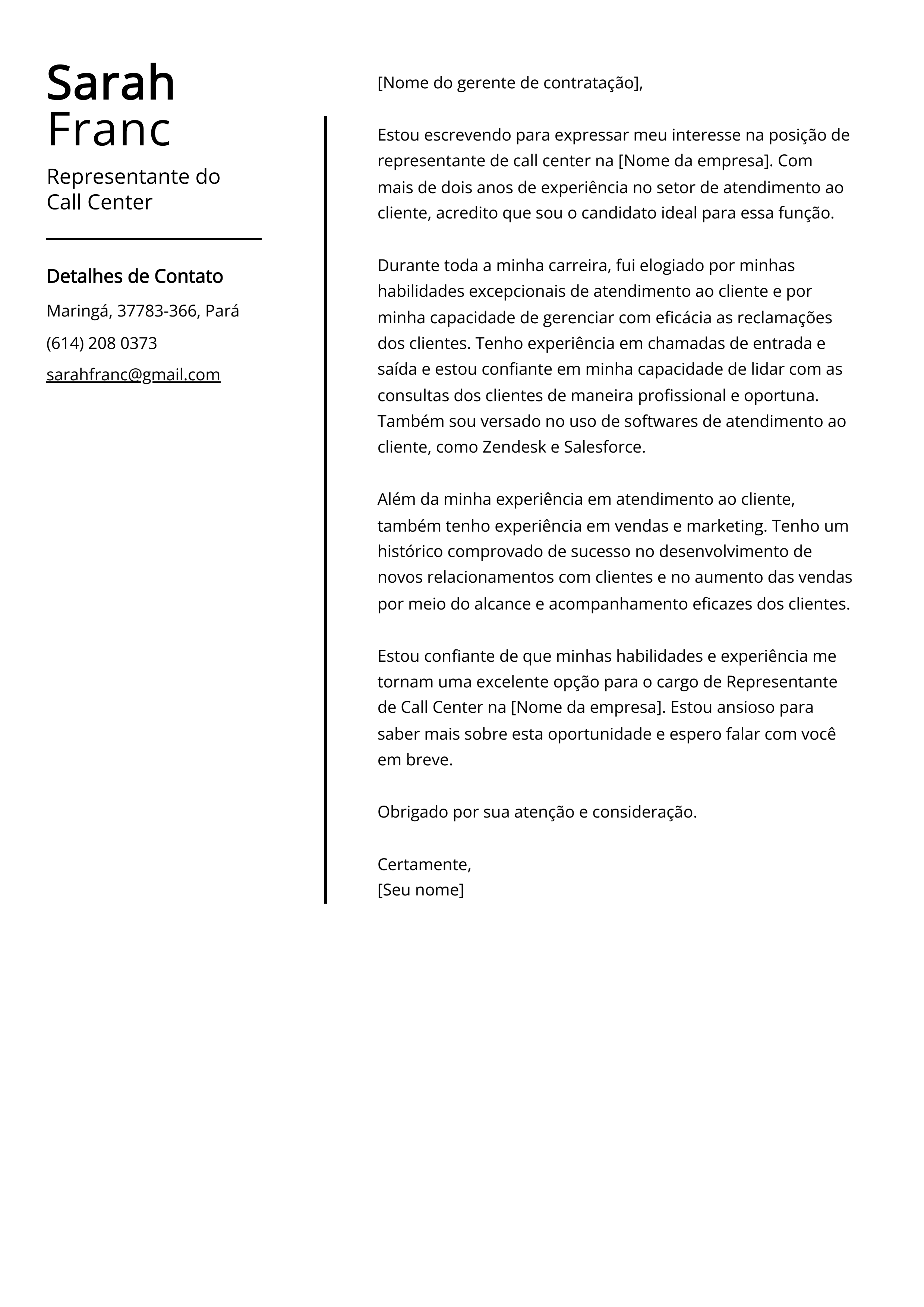 Exemplo de carta de apresentação de representante de call center
