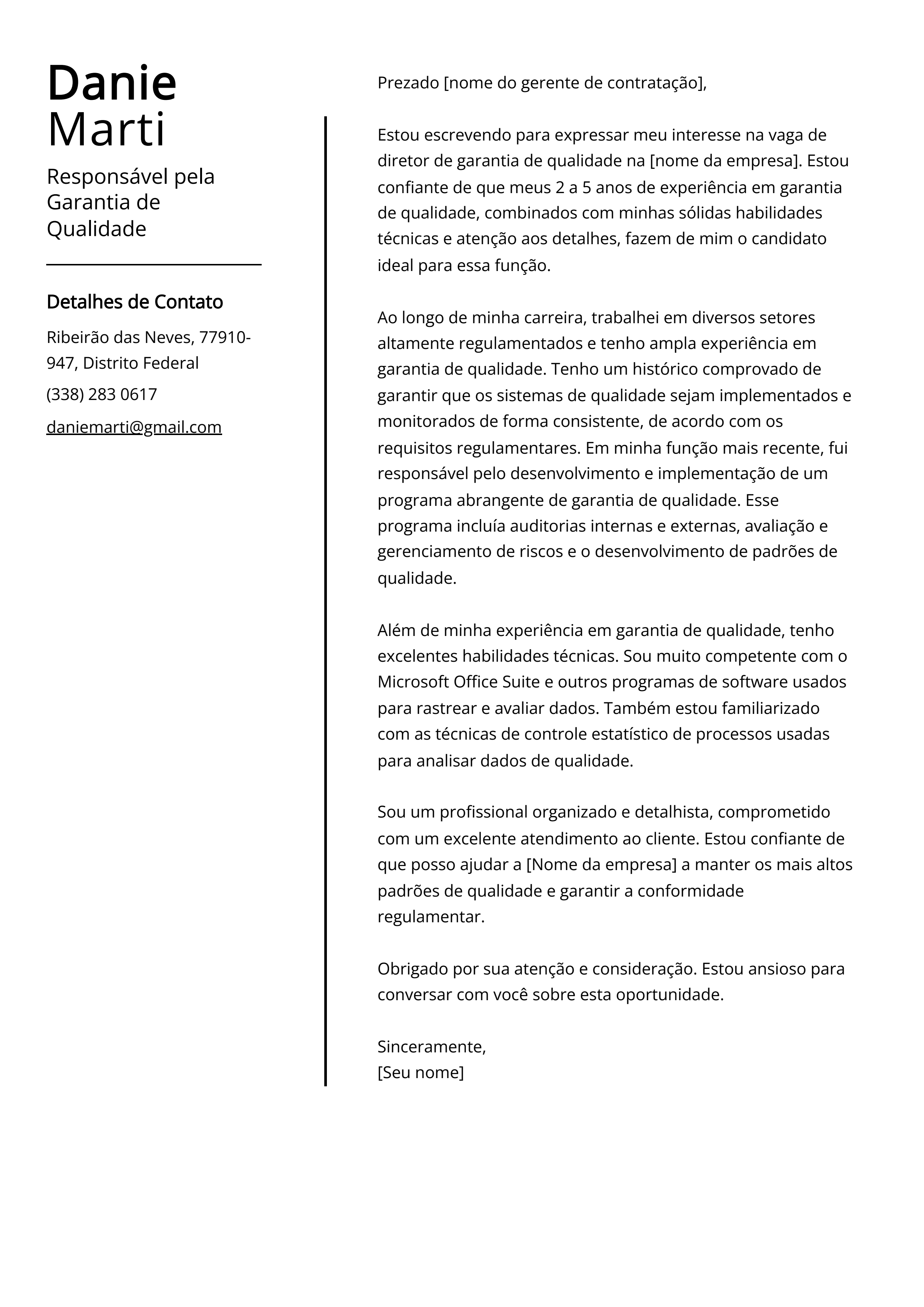 Responsável pela Garantia de Qualidade Exemplo de carta de apresentação