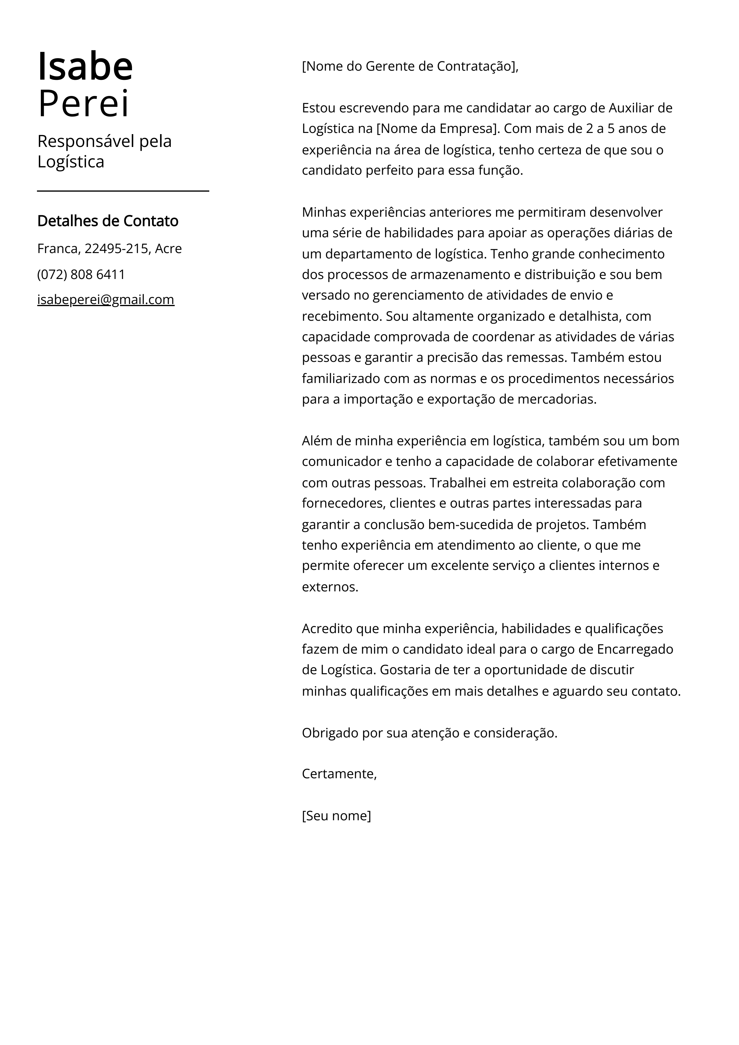 Exemplo de carta de apresentação do Responsável pela Logística