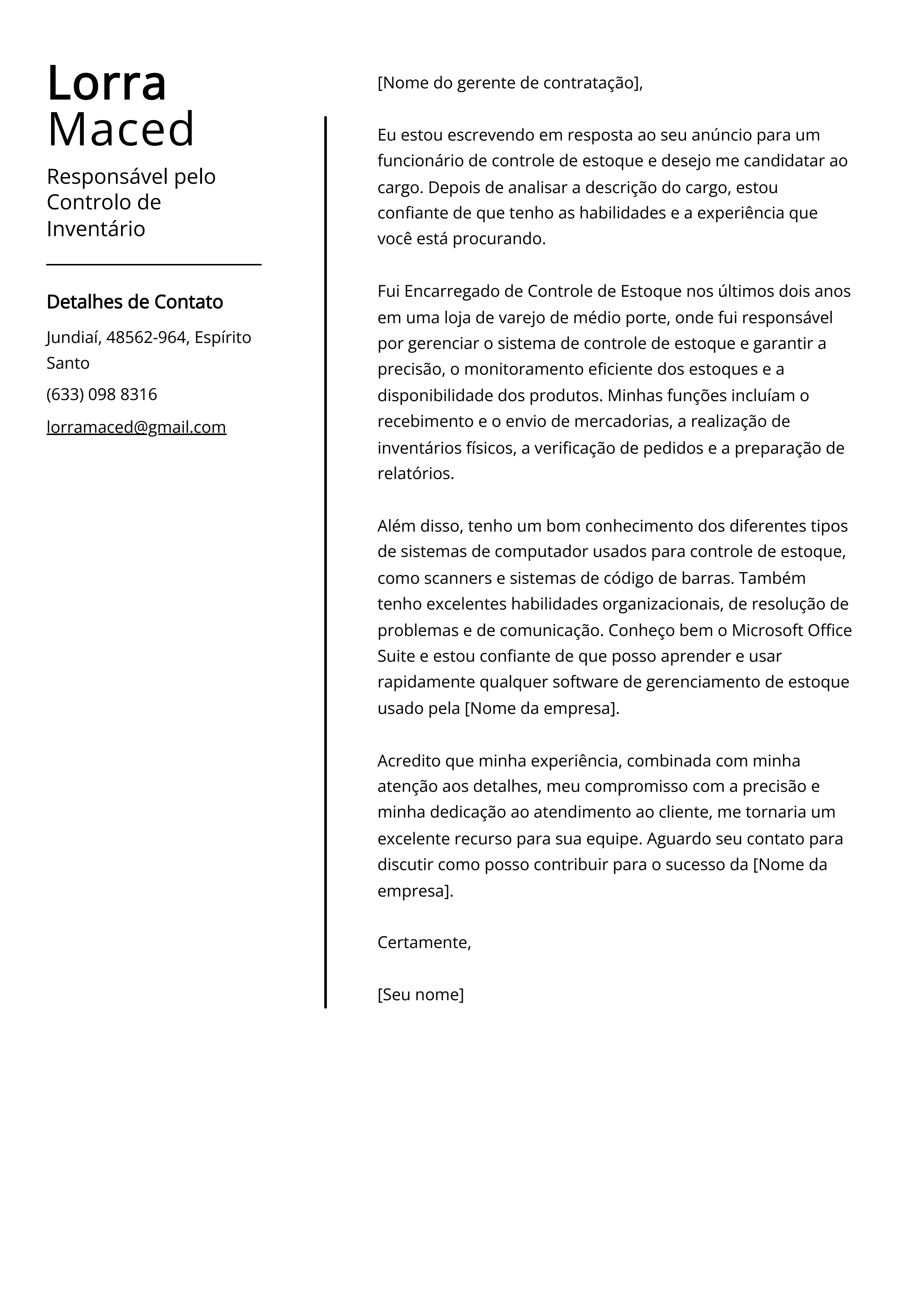 Exemplo de carta de apresentação do Responsável pelo Controle de Inventário