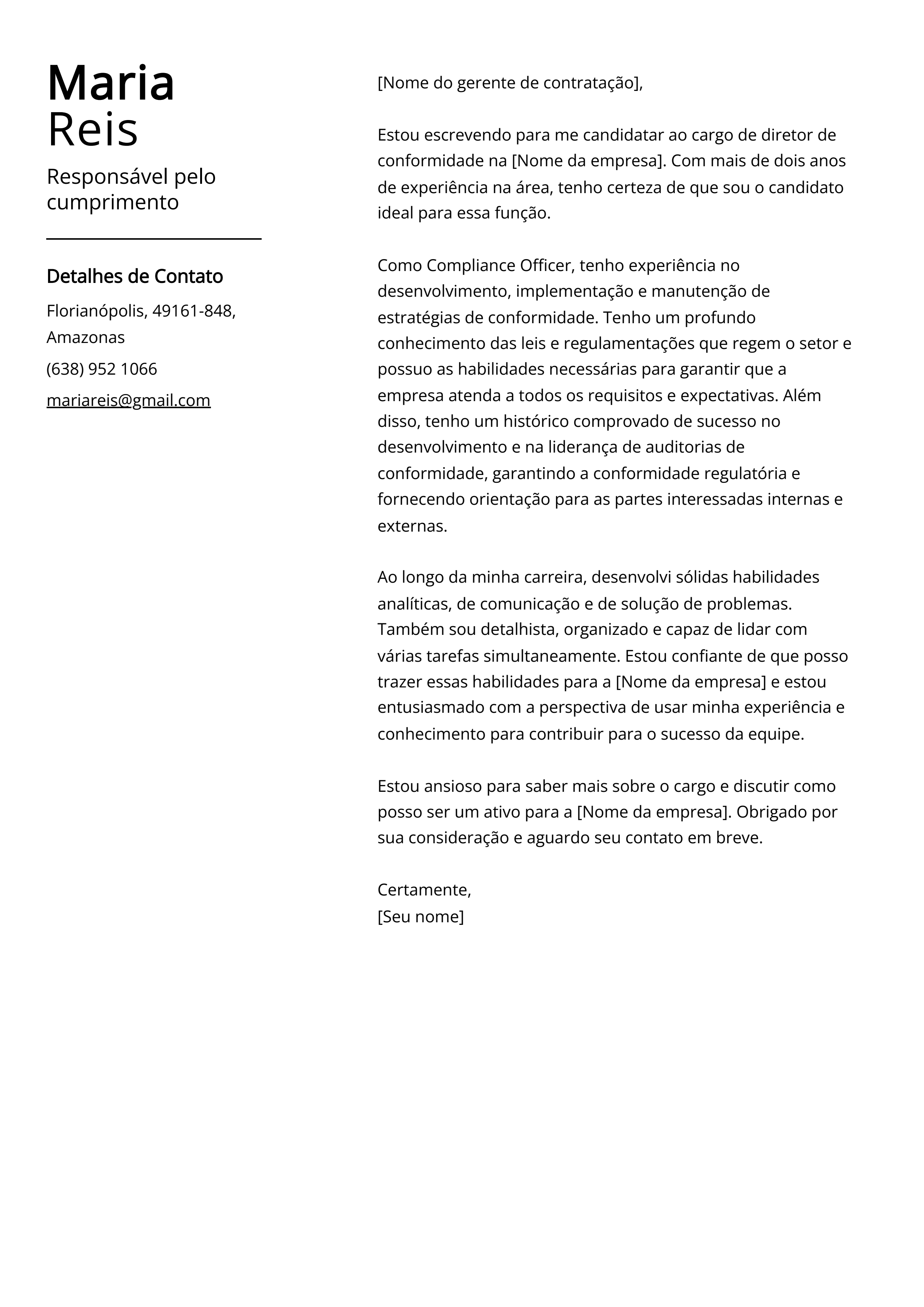 Responsável pelo cumprimento Cover Letter Example