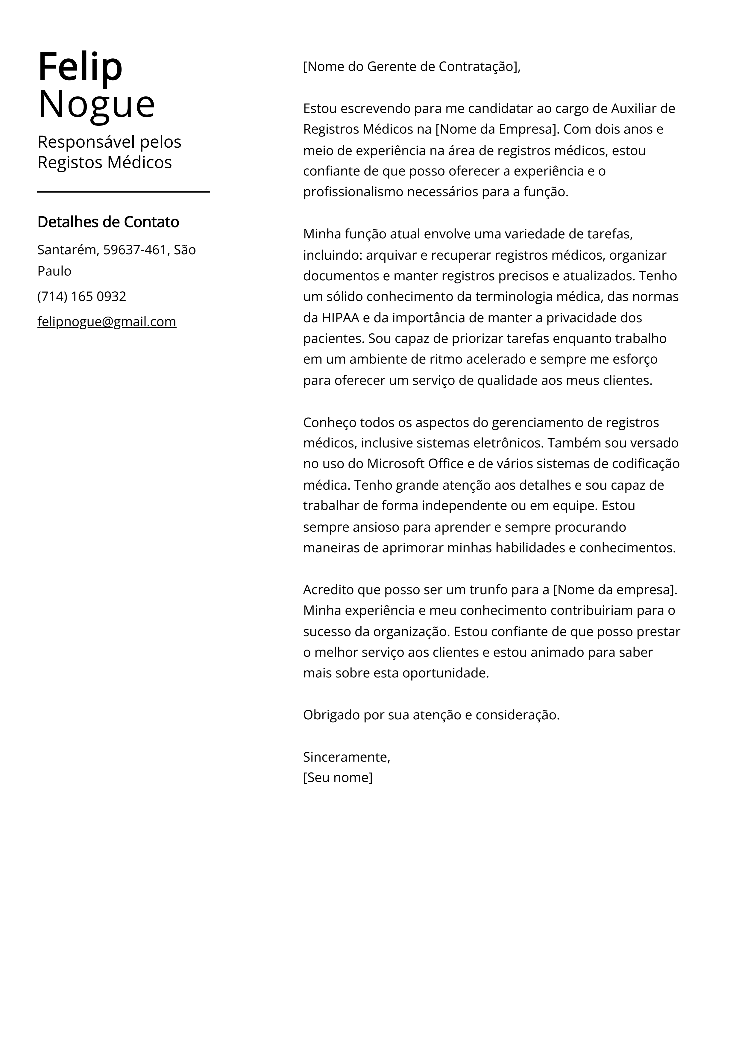 Exemplo de carta de apresentação do Responsável pelos Registros Médicos