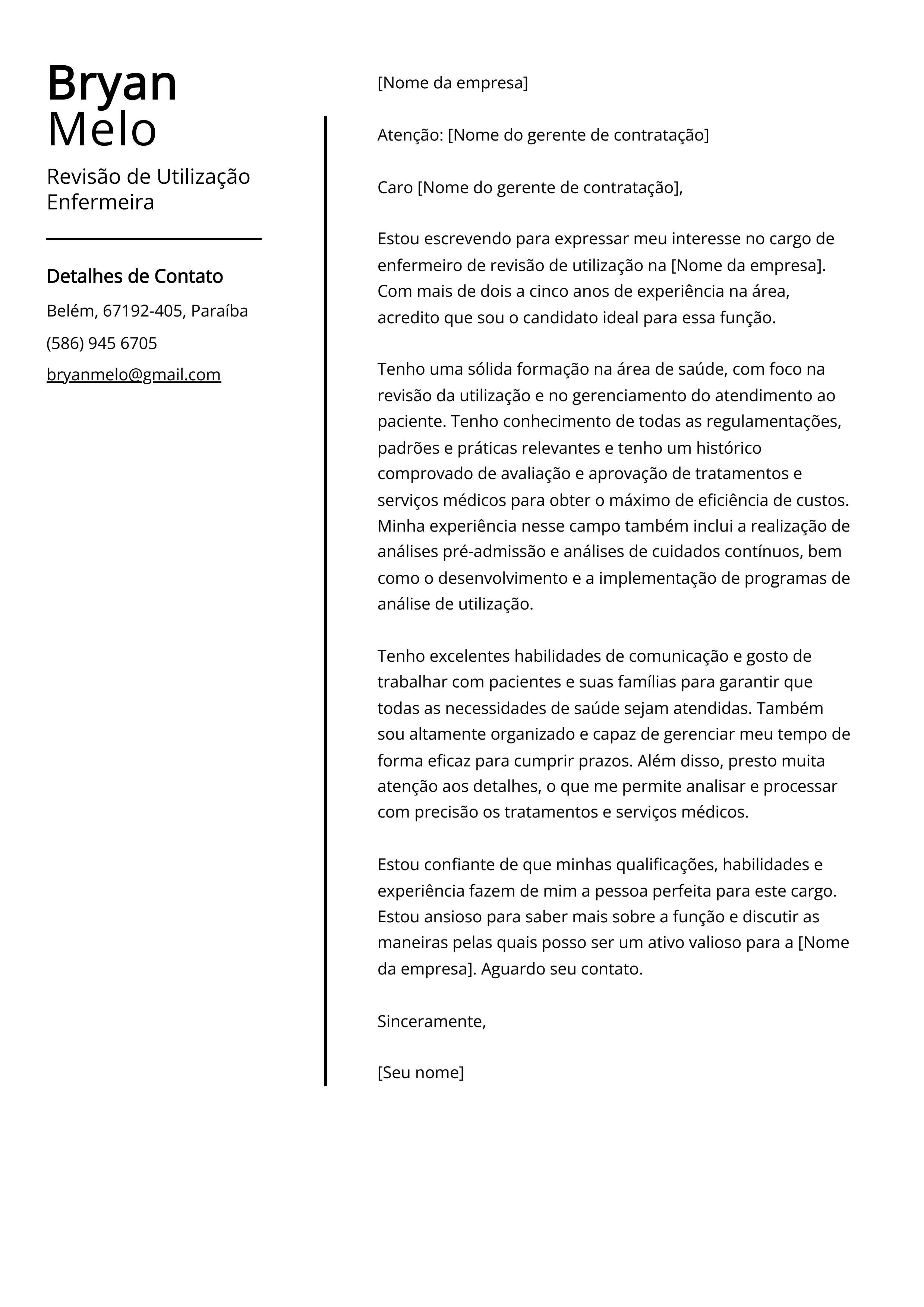 Revisão de Utilização Enfermeira Cover Letter Example