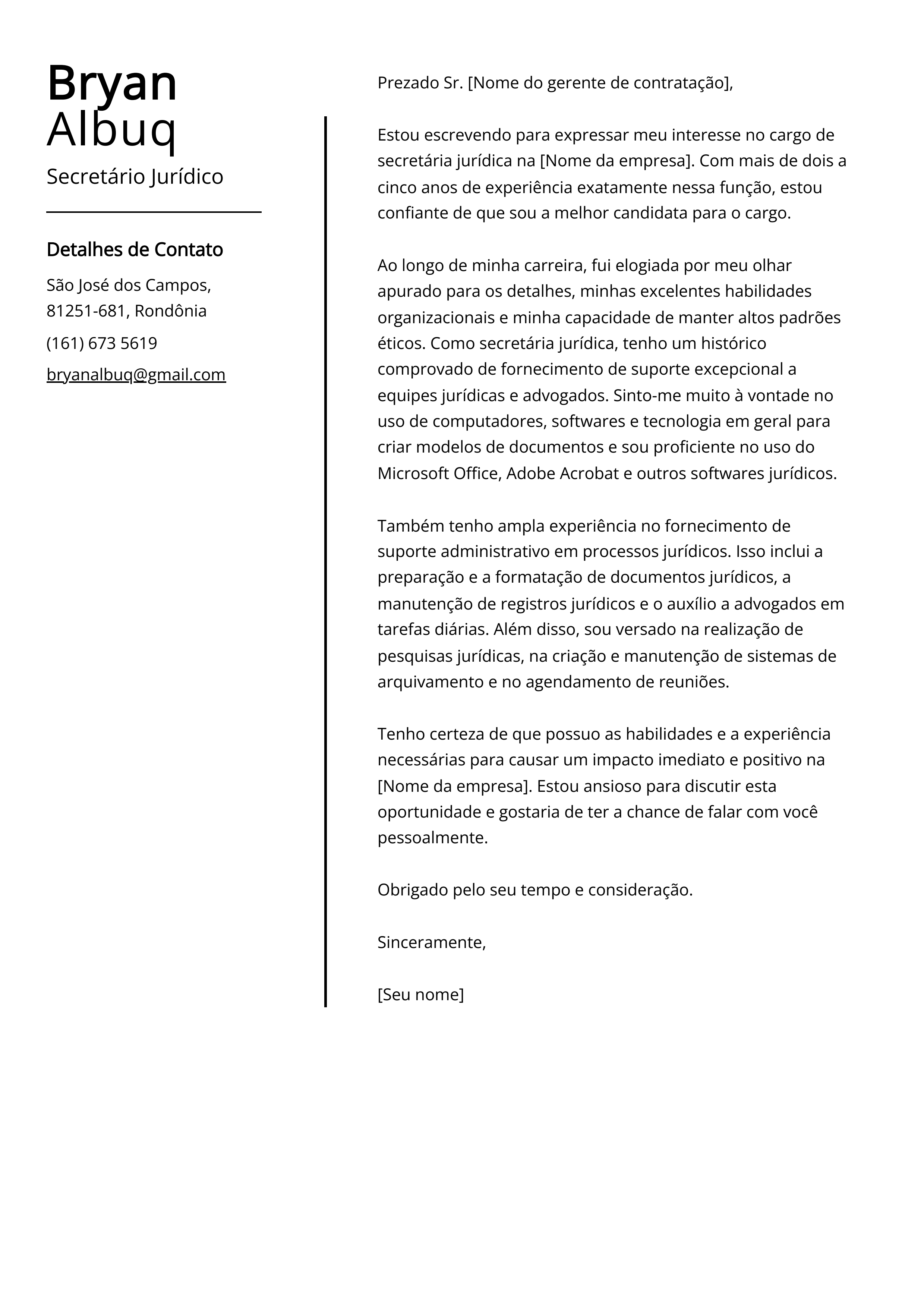 Exemplo de carta de apresentação do Secretário Jurídico