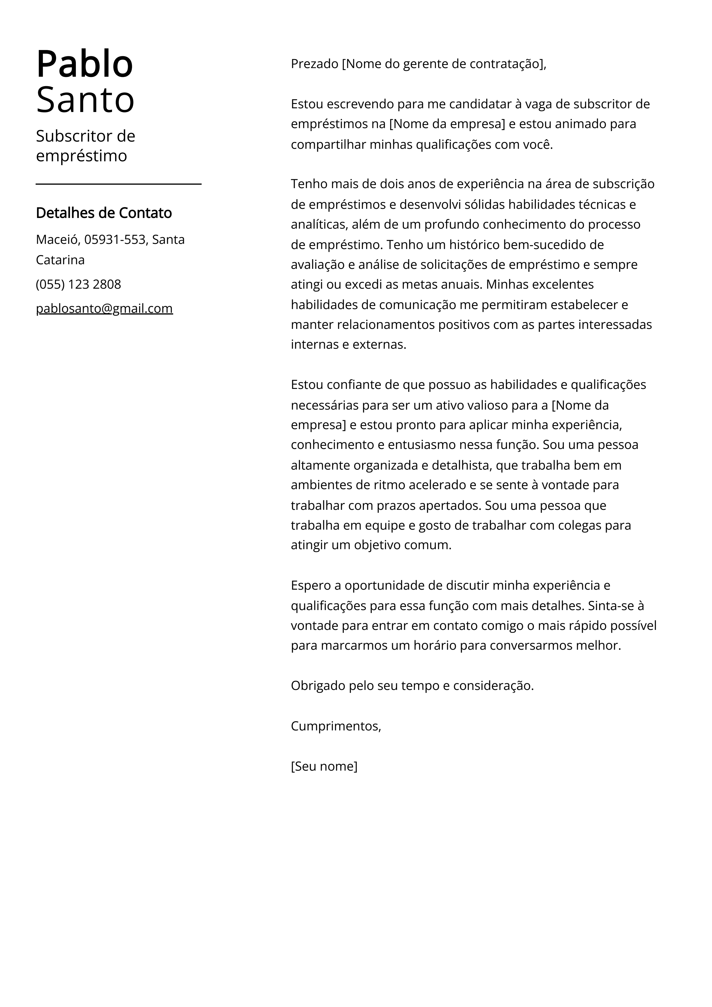 Exemplo de carta de apresentação de subscritor de empréstimo