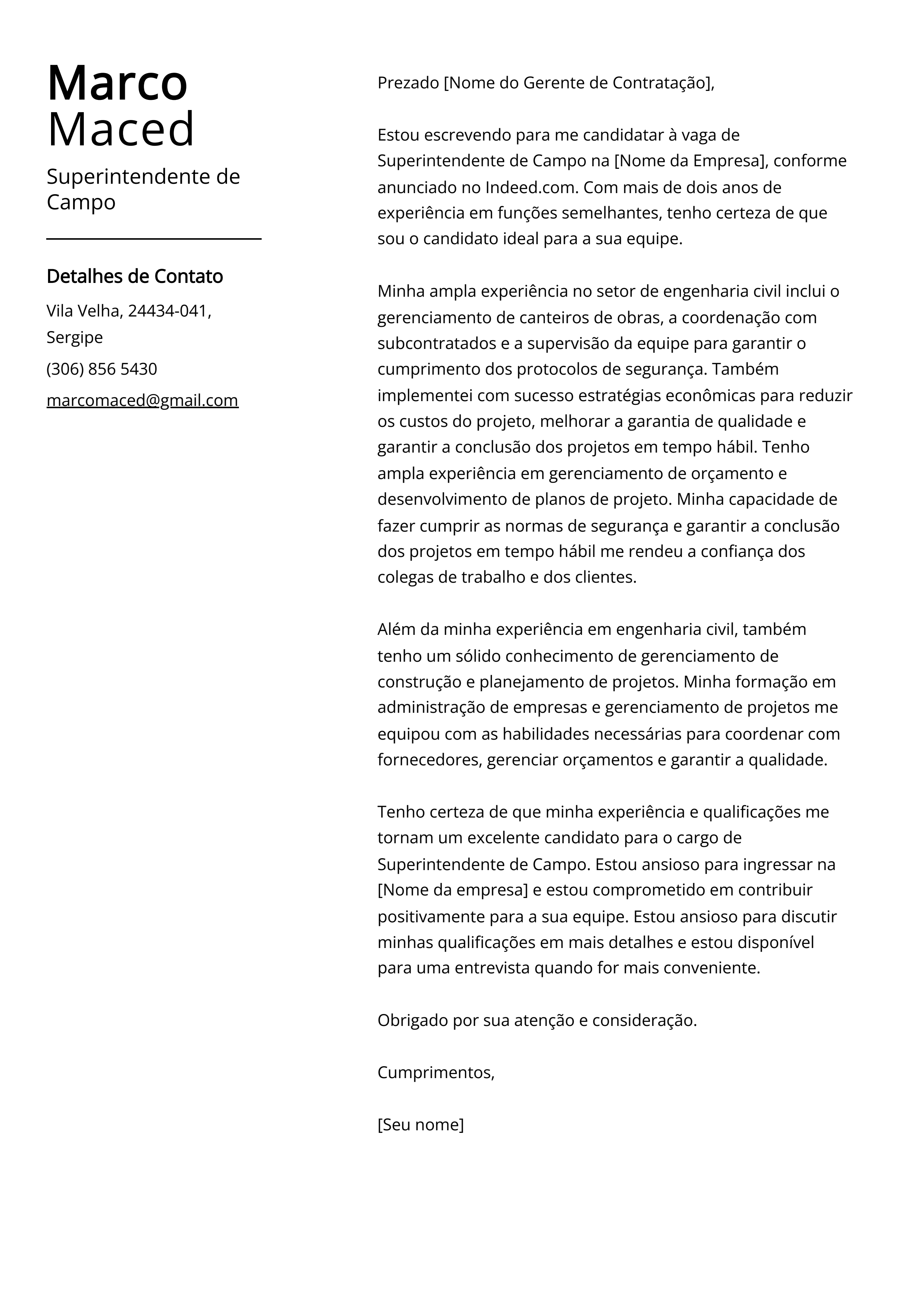 Exemplo de carta de apresentação do Superintendente de Campo