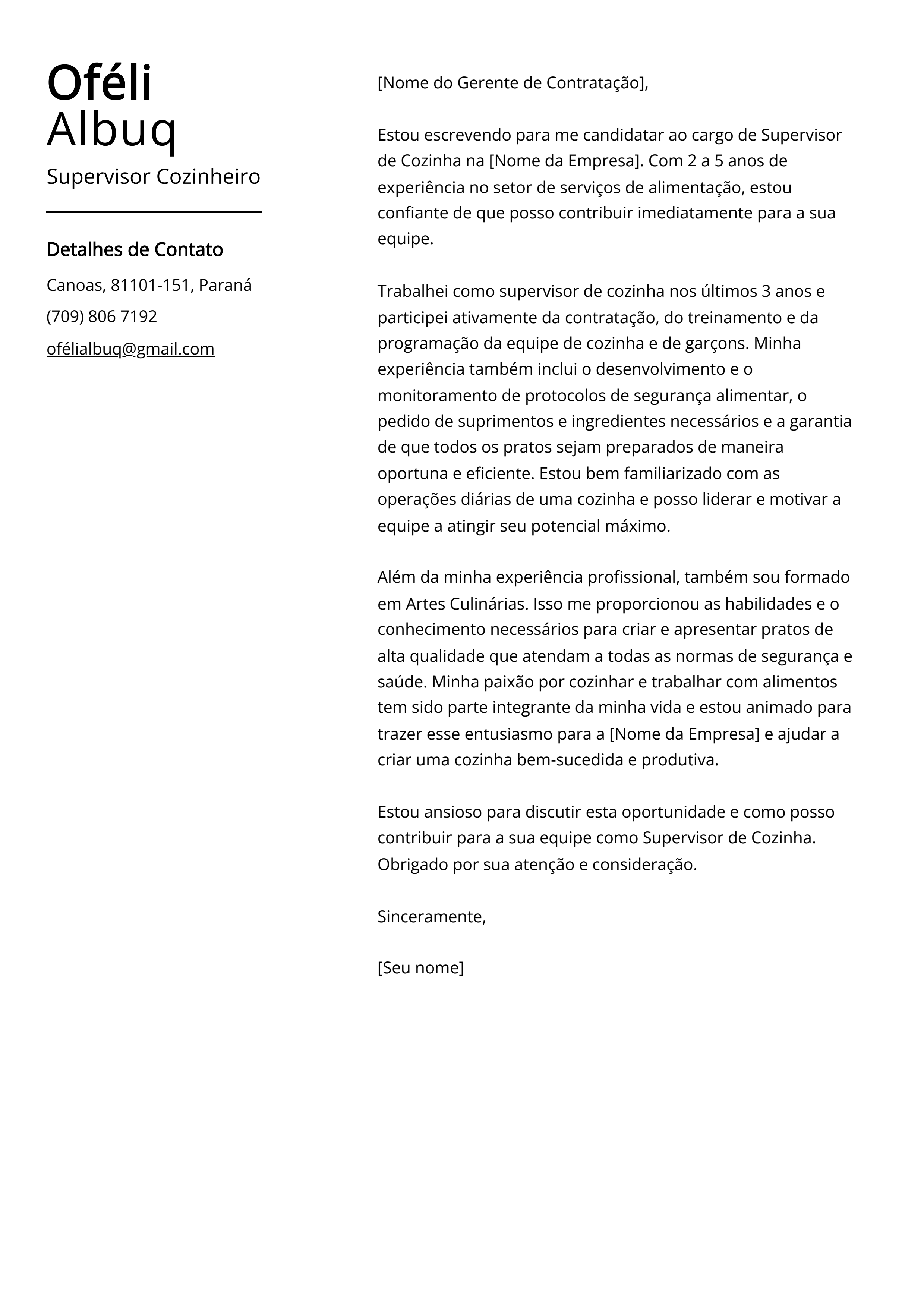 Exemplo de carta de apresentação do Supervisor Cozinheiro