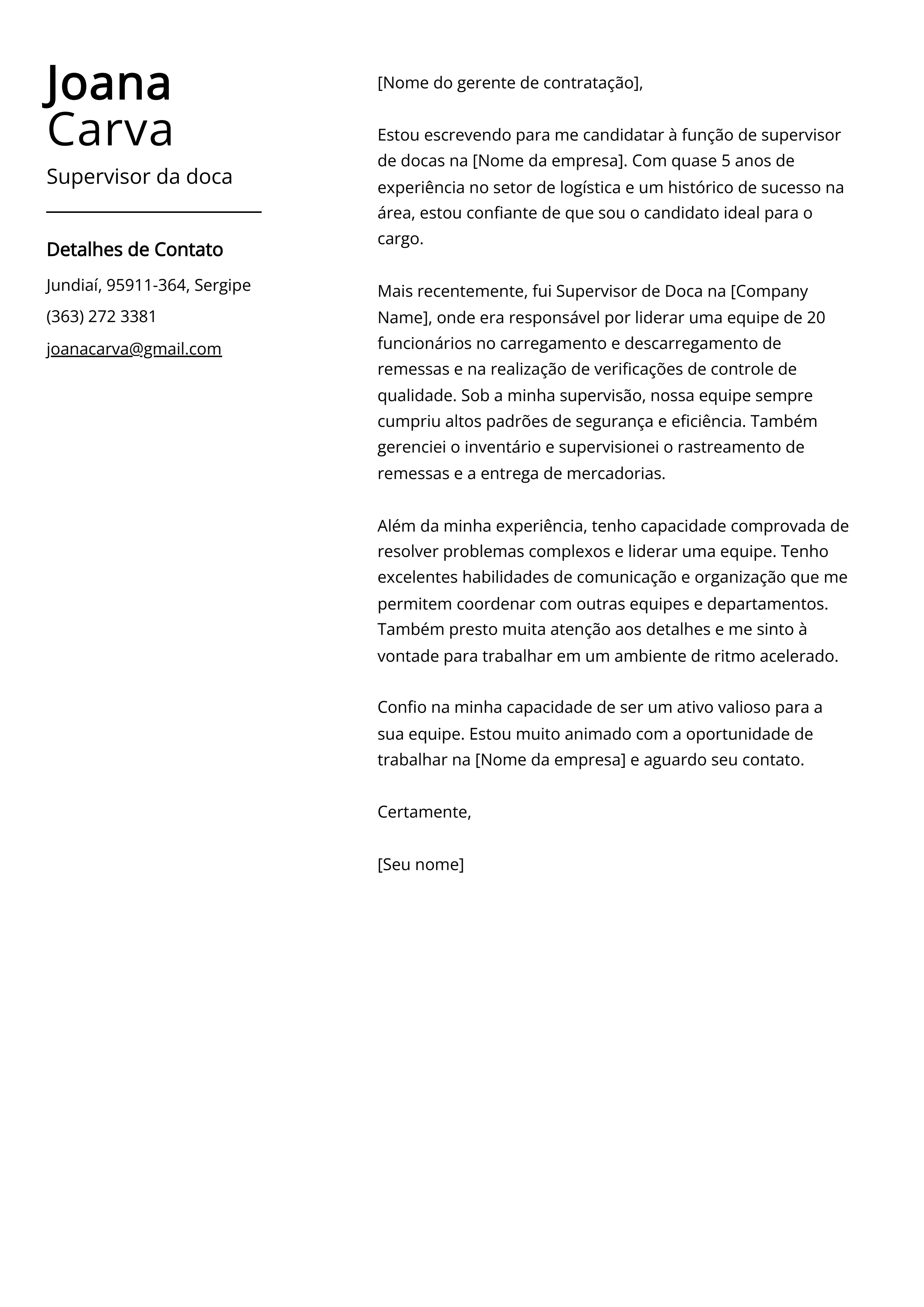 Supervisor da doca Exemplo de carta de apresentação