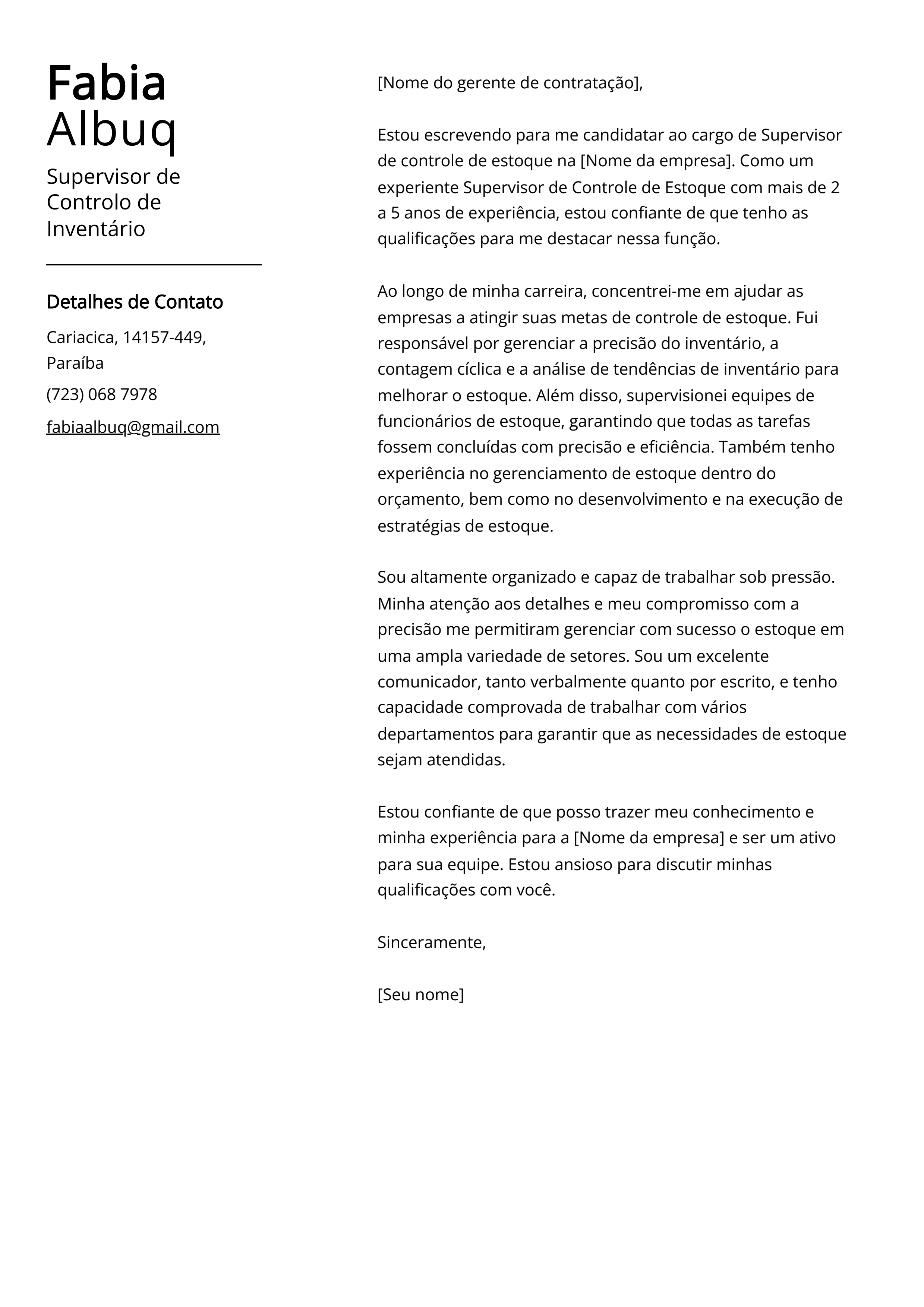 Exemplo de carta de apresentação do Supervisor de Controle de Inventário