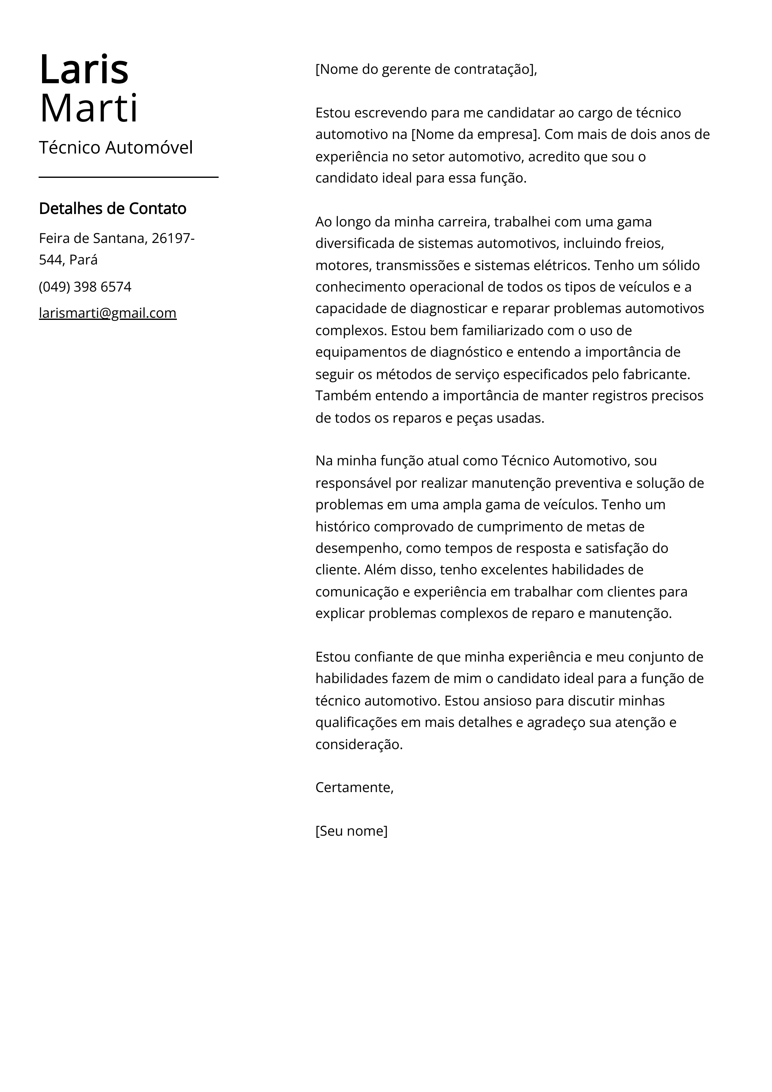 Exemplo de Carta de Apresentação de Técnico Automóvel