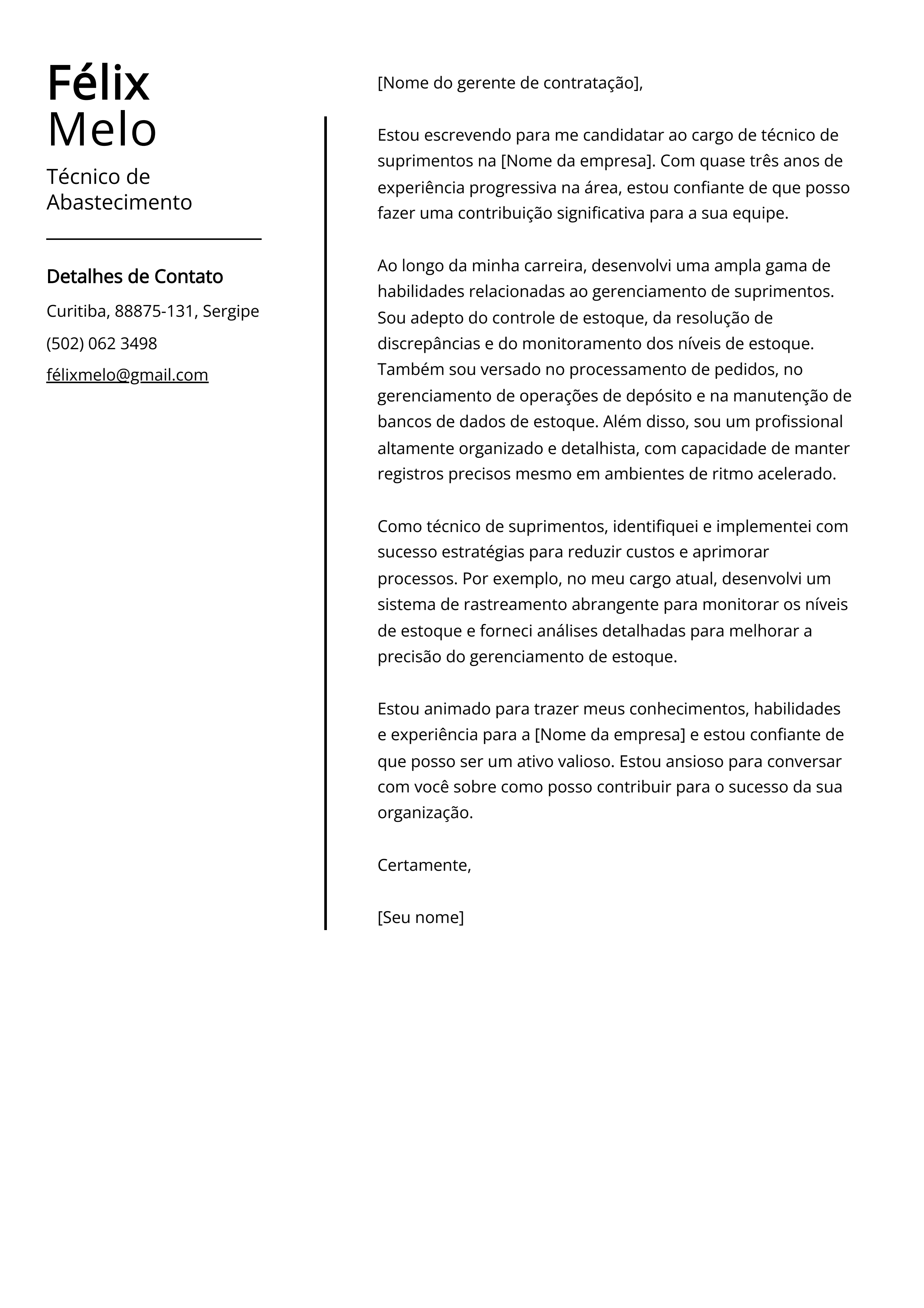 Exemplo de Carta de Apresentação de Técnico de Abastecimento