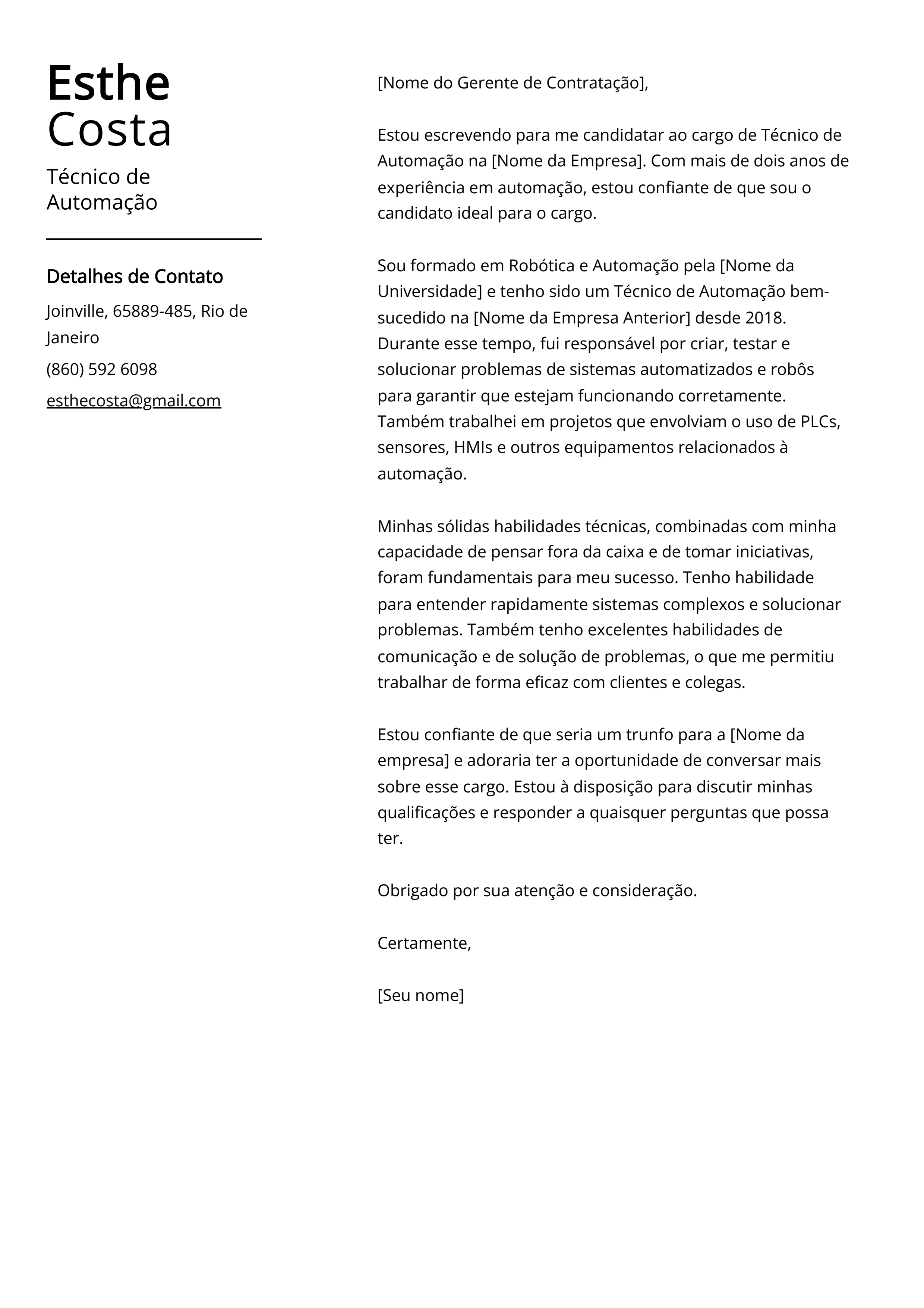 Exemplo de Carta de Apresentação de Técnico de Automação